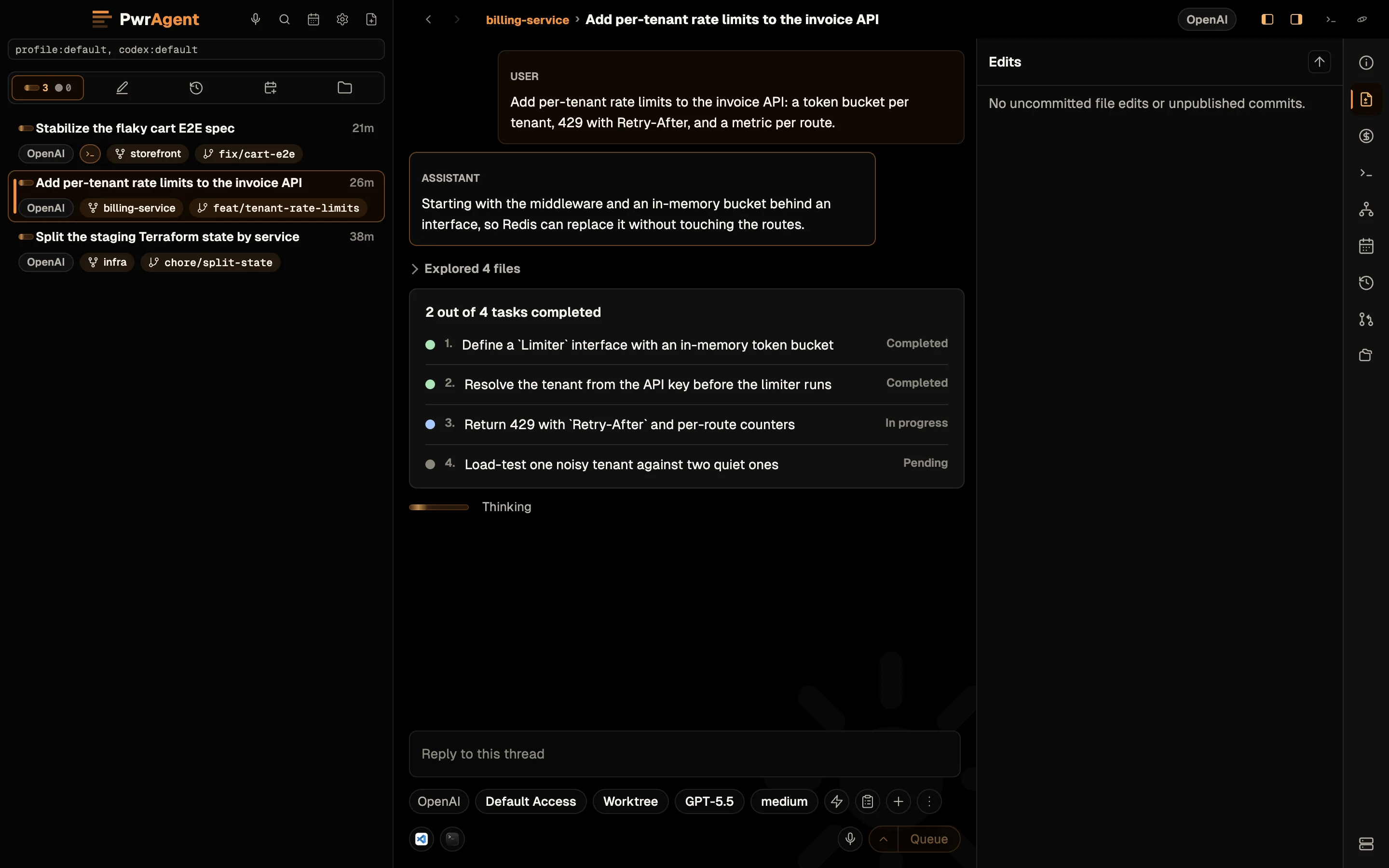 The sidebar with the Attention lens active, listing three threads with live turns: Stabilize the flaky cart E2E spec, Add per-tenant rate limits to the invoice API, and Split the staging Terraform state by service. The open thread shows a four-step plan with two steps done and the agent thinking.