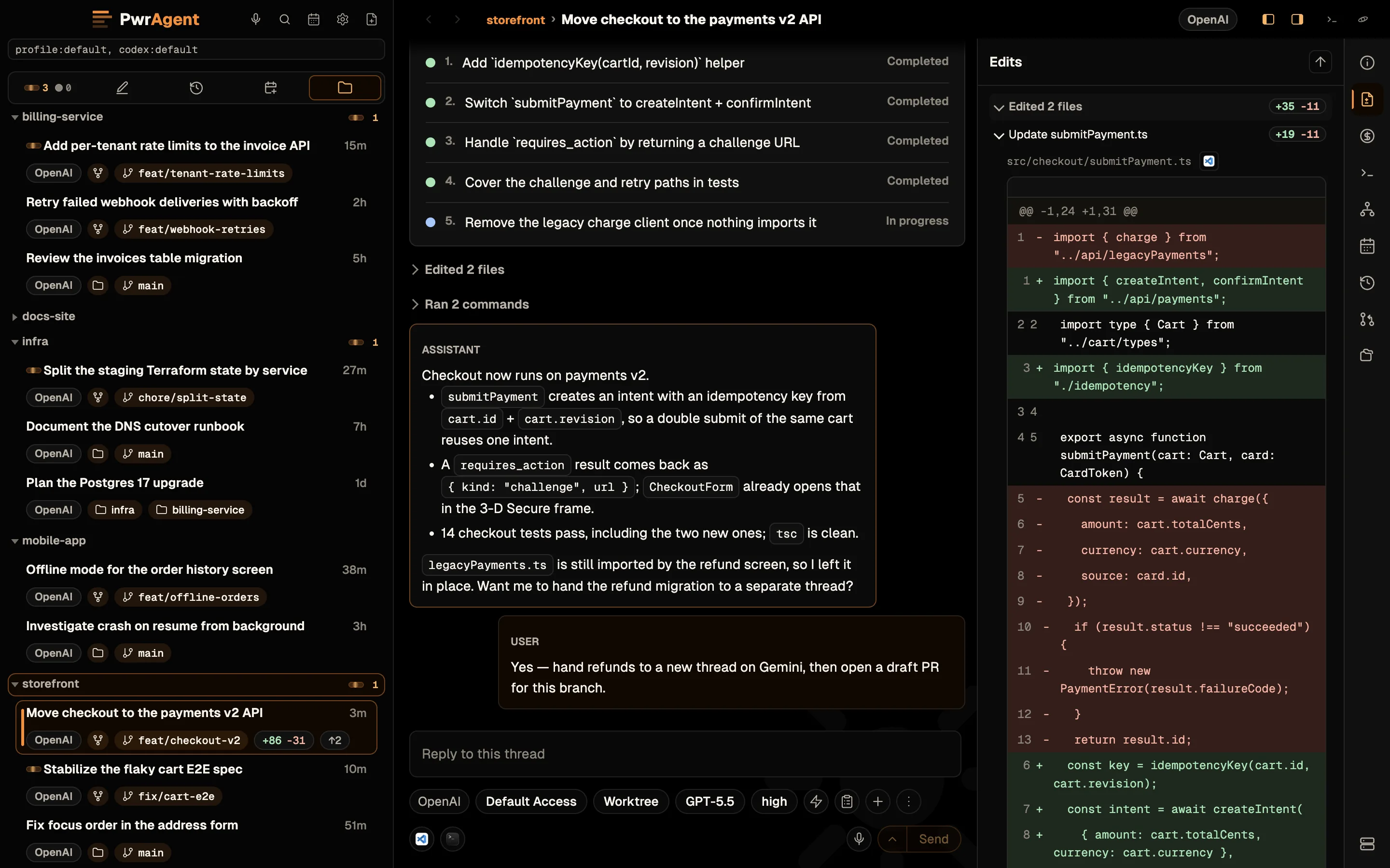 A thread moving checkout to a new payments API. The transcript shows its five-step plan, four steps done. On the right, the rail's Edits tab reads Edited 2 files, +35 -11, with Update submitPayment.ts expanded into an inline diff that replaces the legacy charge call with createIntent and confirmIntent.