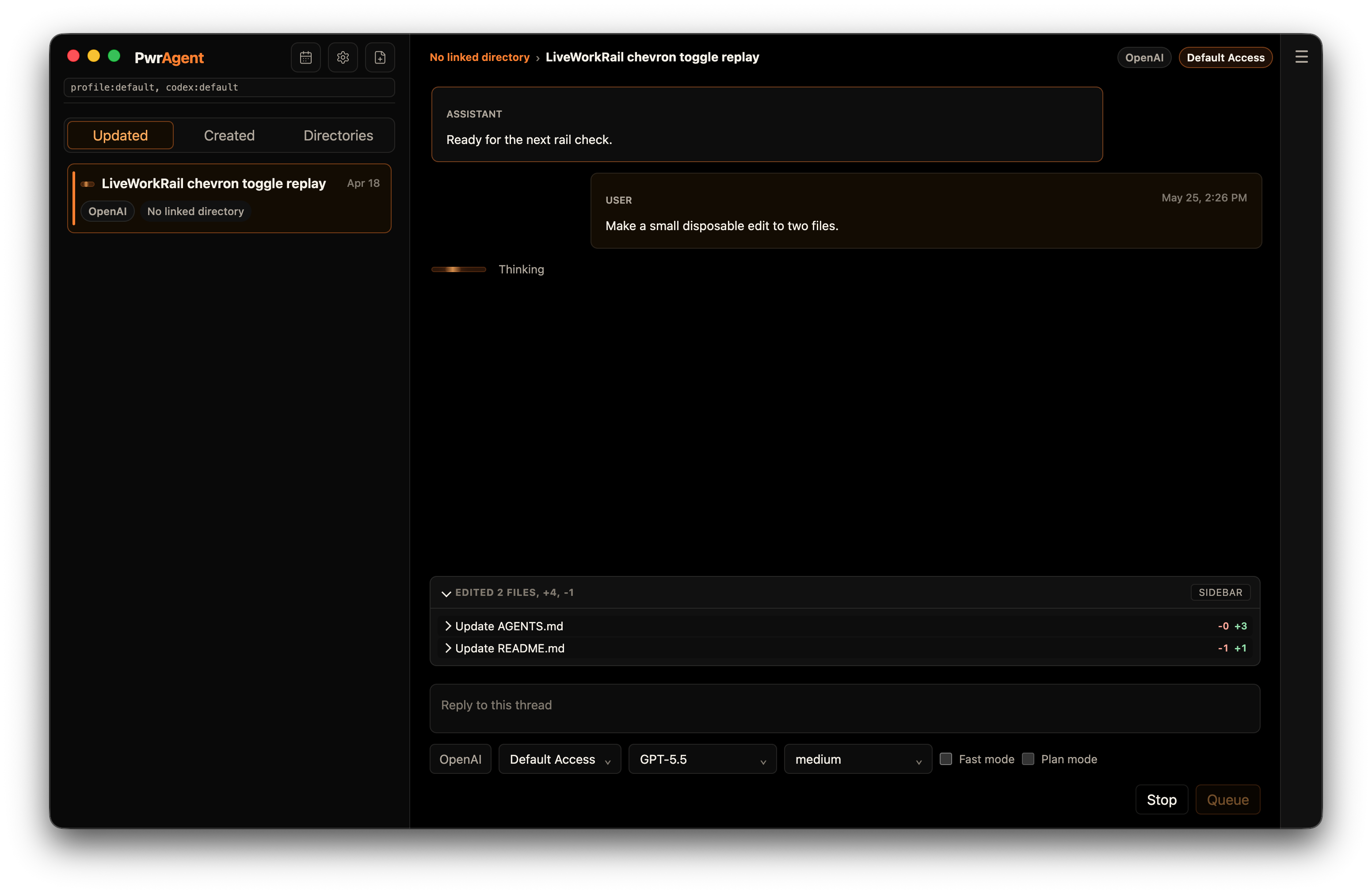 The edited-files surface above the composer mid-turn. The header reads 'EDITED 2 FILES, +4, -1' with a SIDEBAR toggle on the right. Two file rows below: Update AGENTS.md (+3 / -0) and Update README.md (+1 / -1). The agent is 'Thinking…' and the composer's Send button is replaced by Stop / Queue while the turn is in flight.