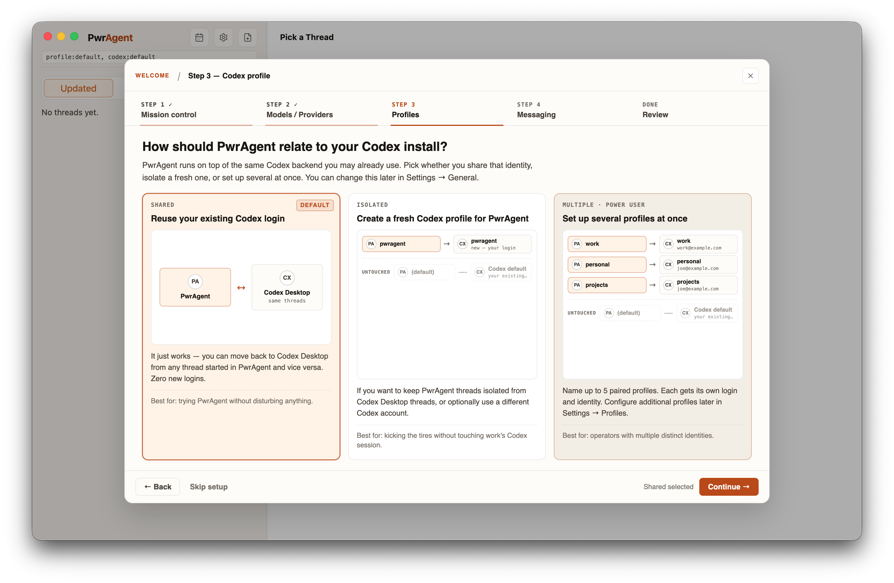 First-run onboarding wizard on the Codex Profile step, showing three card options: Shared (reuse existing Codex login), Isolated (fresh Codex profile for PwrAgent), and Multiple (paired profiles for work / personal / projects). A progress strip at the top shows the wizard has walked from Welcome through Mission control, Models / Providers, and is now on Profiles, with Messaging and Review still to come.