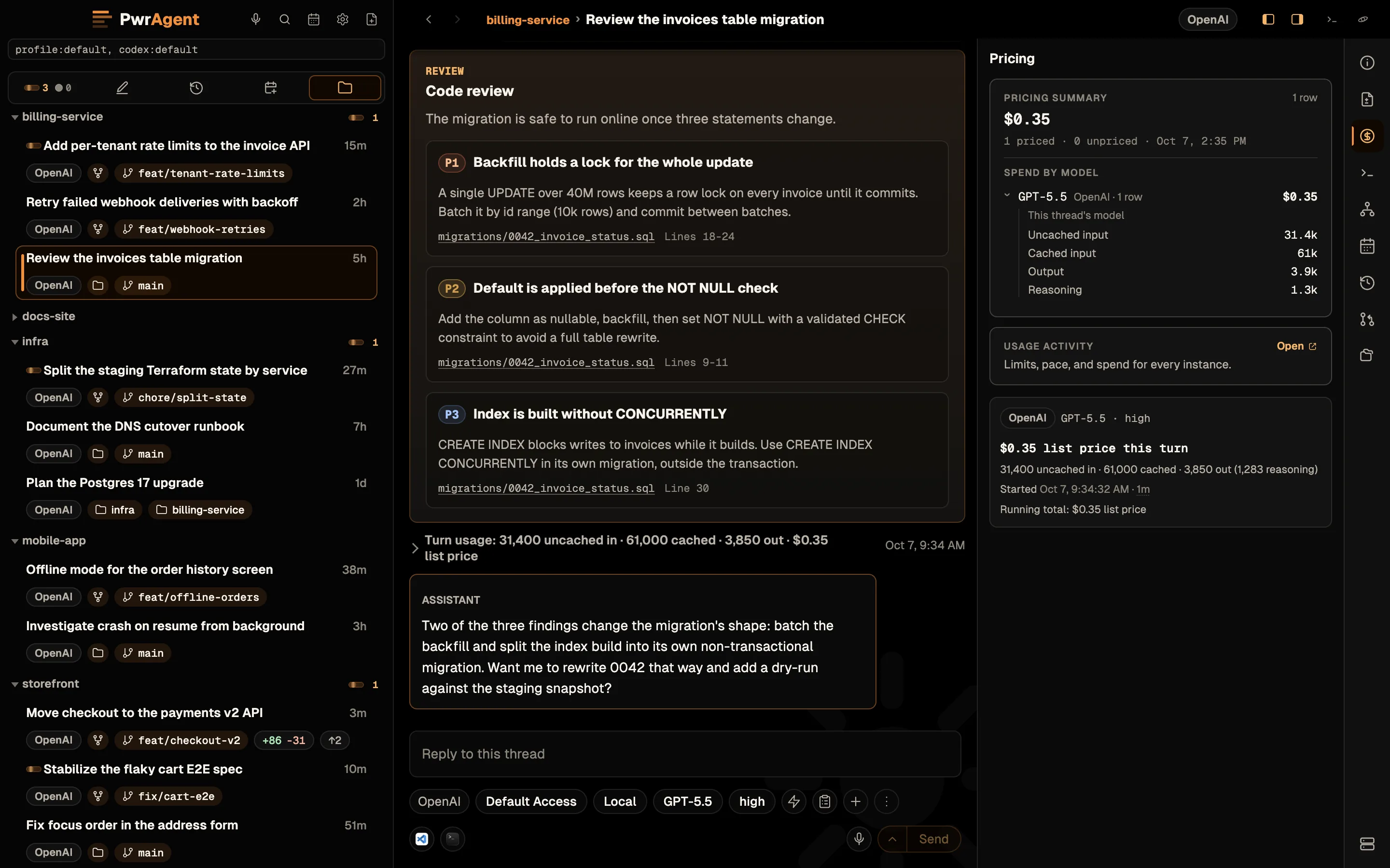 A thread holding a database-migration review, with the rail's Pricing tab open. The pricing summary reads $0.35 for one priced row, broken down for GPT-5.5 into uncached input, cached input, output and reasoning tokens. Below it, a Usage Activity card has an Open link, and a per-turn card reads $0.35 list price this turn with its token counts and start time.