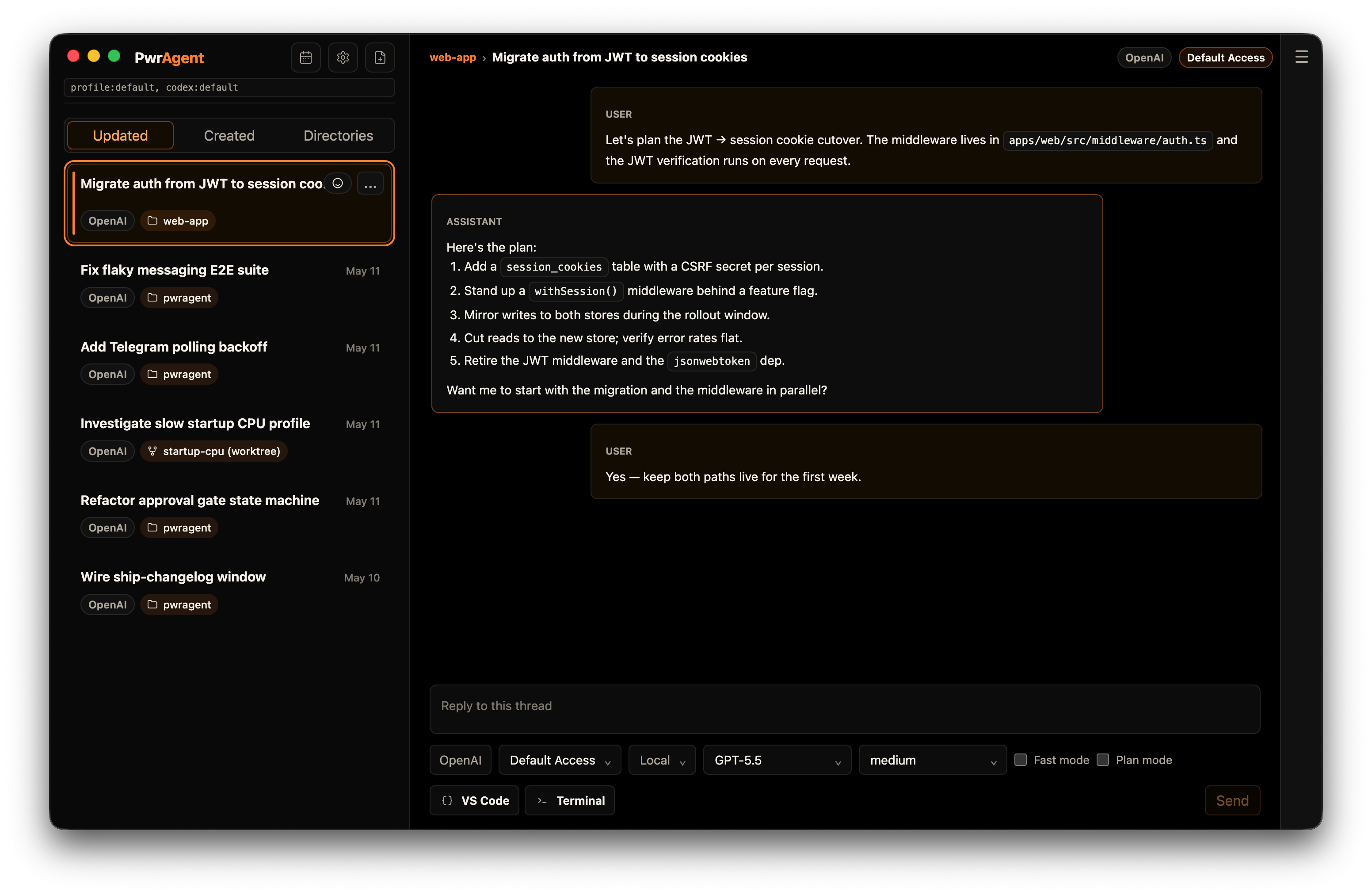 Sidebar with the default lens active, showing pinned threads at the top and recent activity below