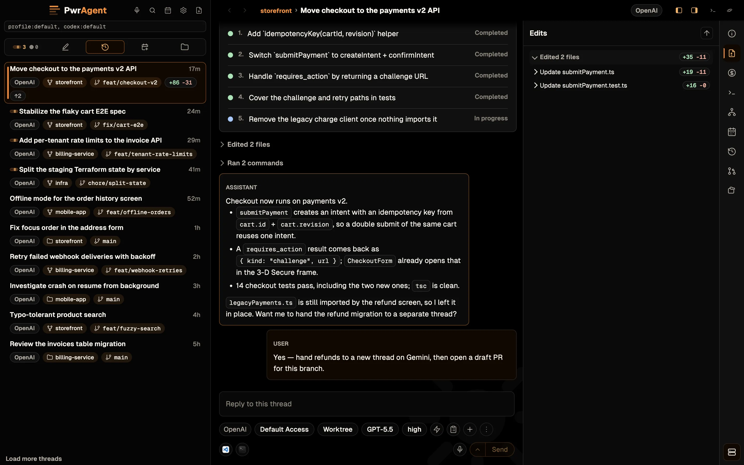 The sidebar with the Updated lens active. Threads from several repositories are listed by most recent activity, each row tagged with its agent, its project and its branch, with diff counts on the thread that has uncommitted changes. The selected thread is open on the right with its plan and the Edits rail.