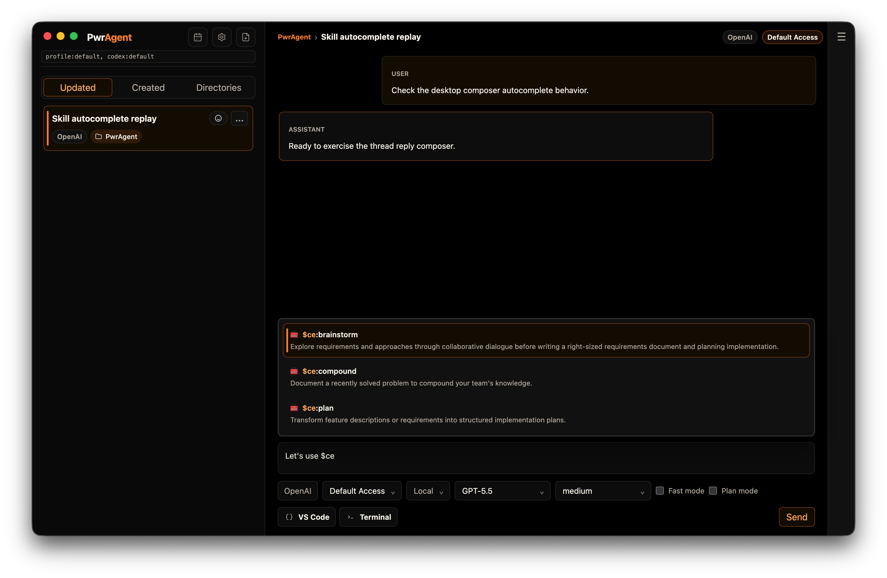 Composer mid-message ("Let's use $ce") with the Skills autocomplete listbox open below it, showing matching skill rows like $ce:plan, $ce:brainstorm, $ce:compound