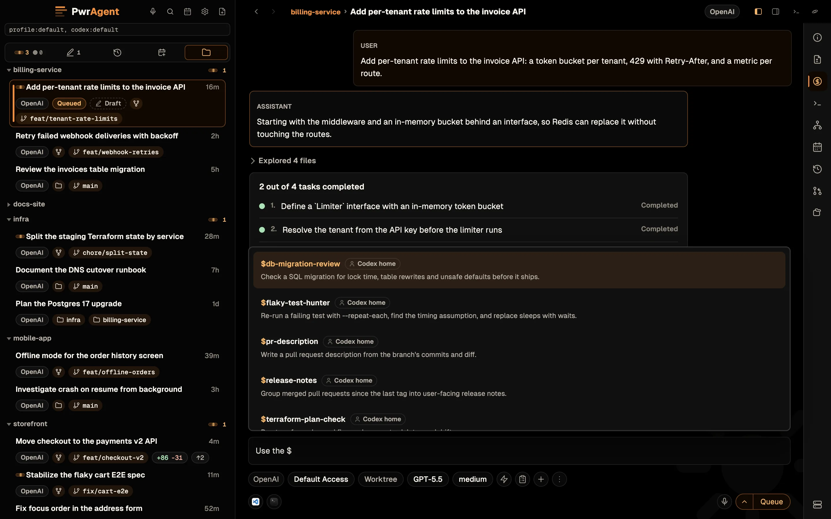 The composer reads Use the $ and the Skills listbox is open above it, listing $db-migration-review, $flaky-test-hunter, $pr-description, $release-notes and $terraform-plan-check, each with its description and a Codex home badge.