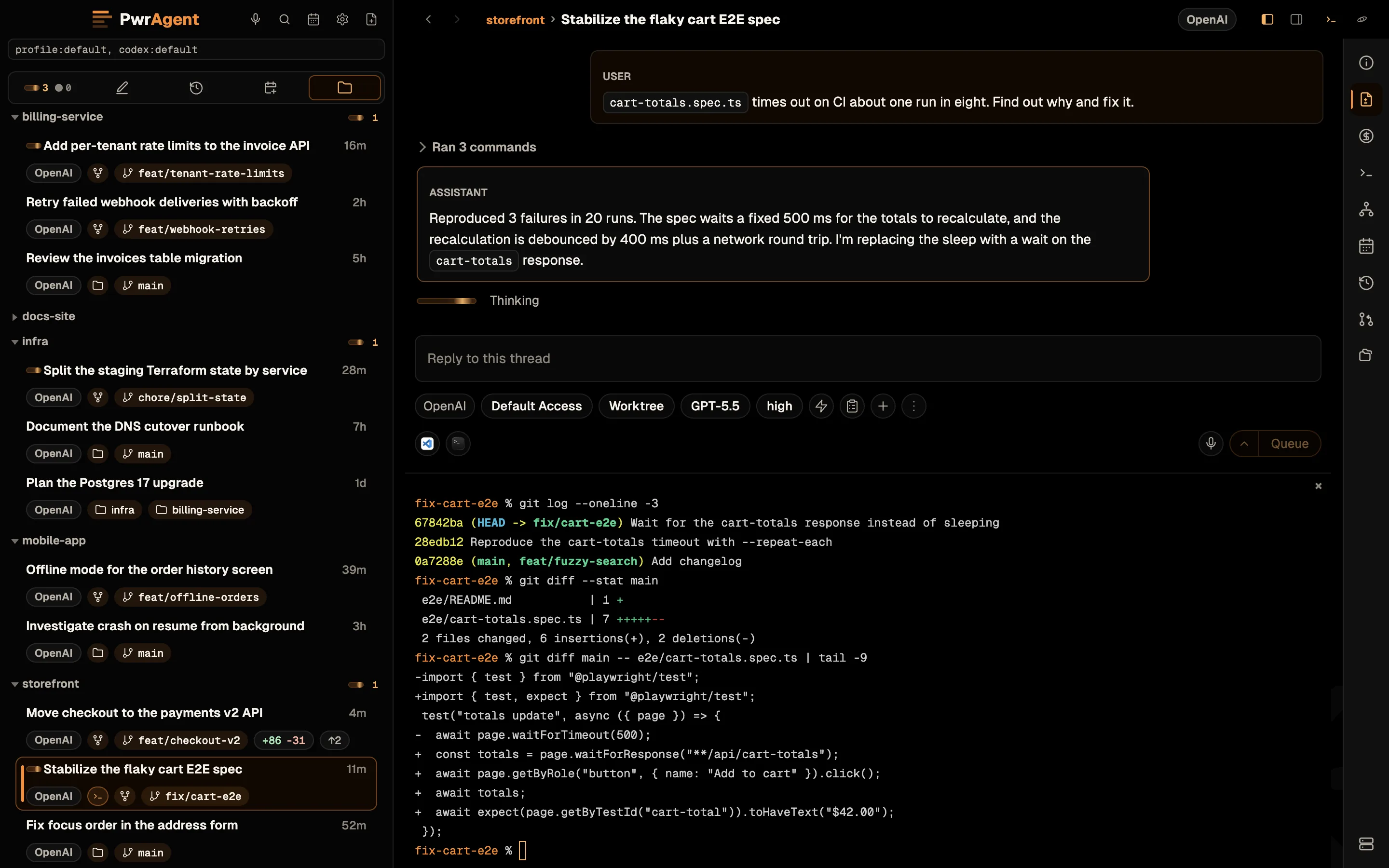 A thread with its integrated terminal open beneath the transcript. The shell is in the thread's fix/cart-e2e worktree; it shows git log, git diff --stat against main, and the diff of the spec the agent fixed.