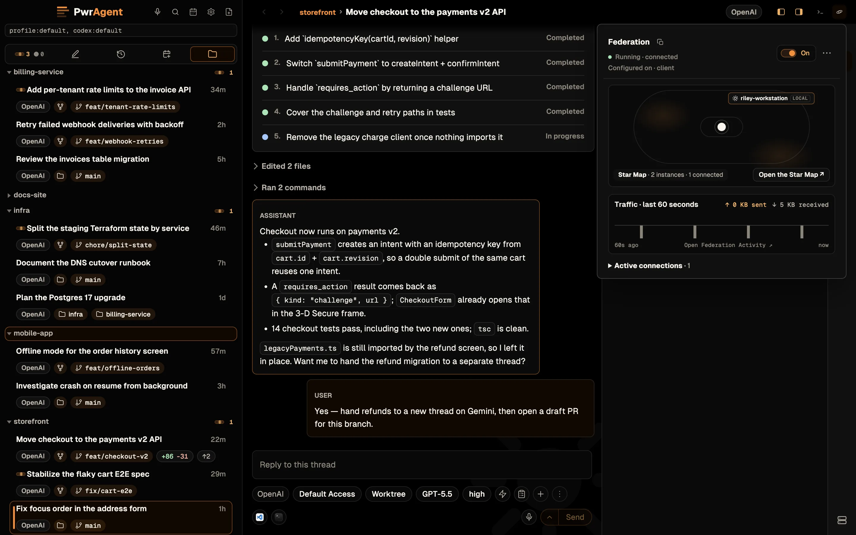 The Federation popover under the title bar's Star Map button. It reads Running, connected, configured on as a client, with an On switch. A small map previews the Star Map, captioned 2 instances, 1 connected, with an Open the Star Map button, and a Traffic chart covers the last 60 seconds of data sent and received.