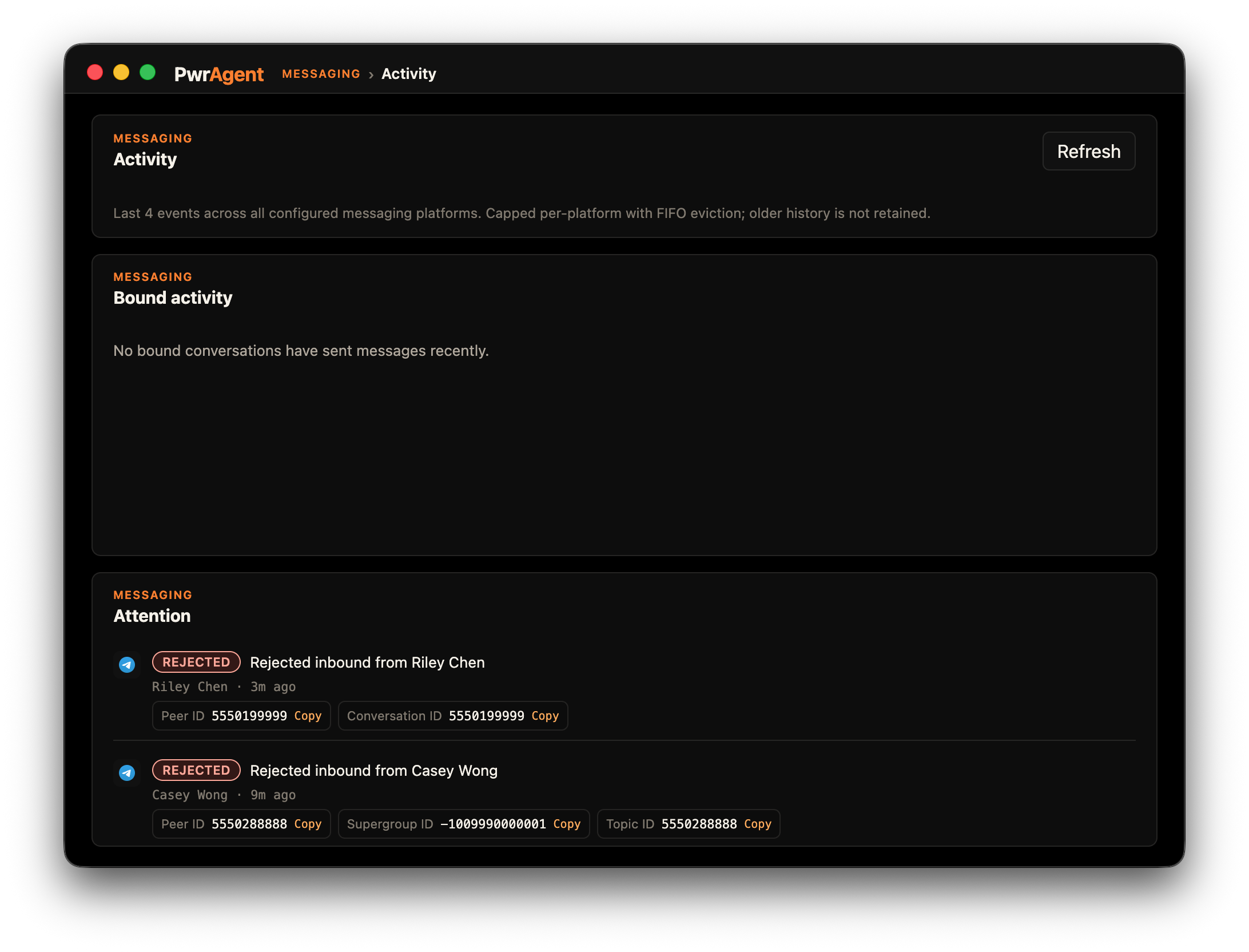 Messaging Activity panel showing rejected inbound entries with copyable peer IDs