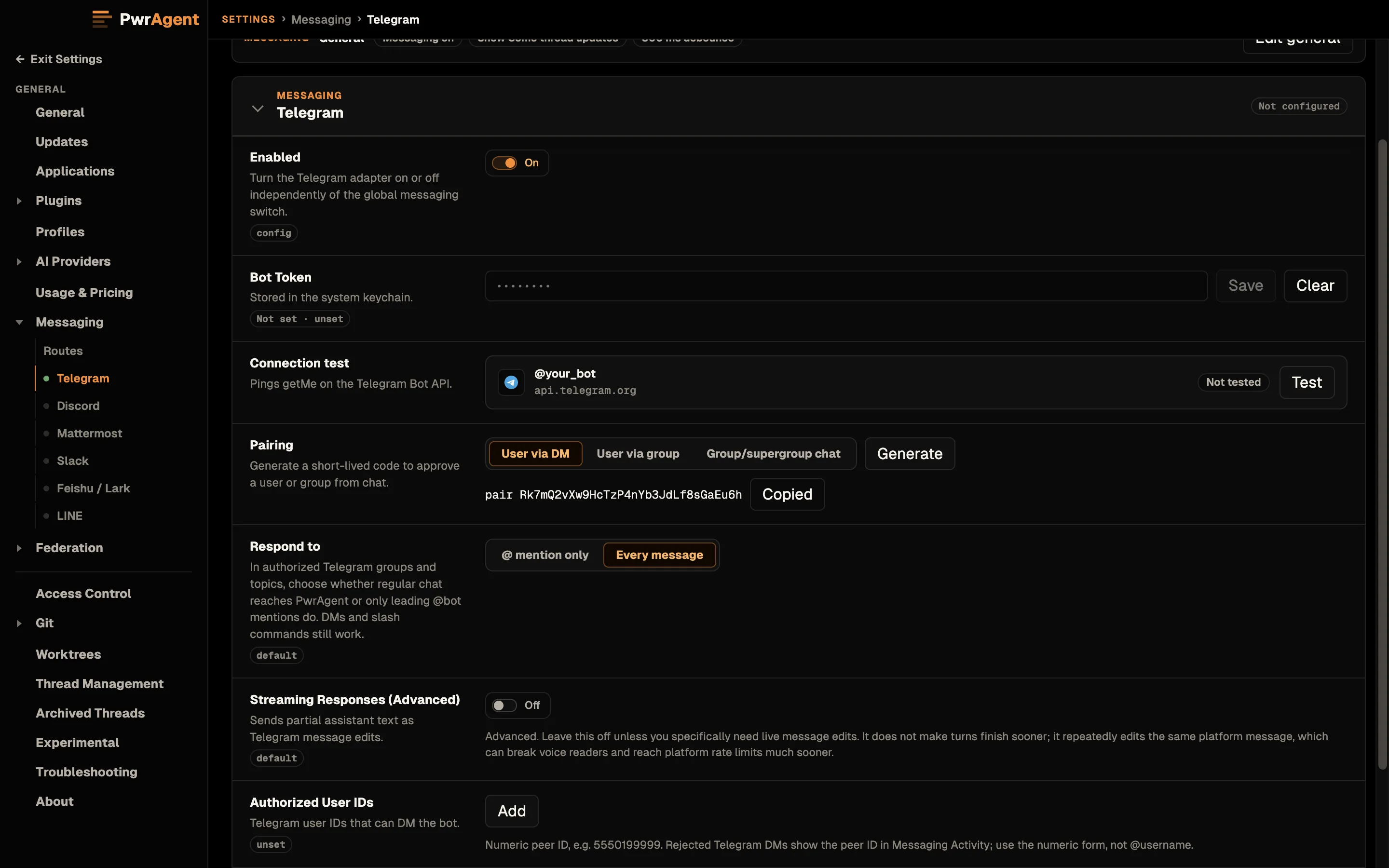 Settings, Messaging, Telegram. The Pairing row has User via DM selected and, after Generate, shows the command pair followed by a one-time code, with a Copied button beside it.