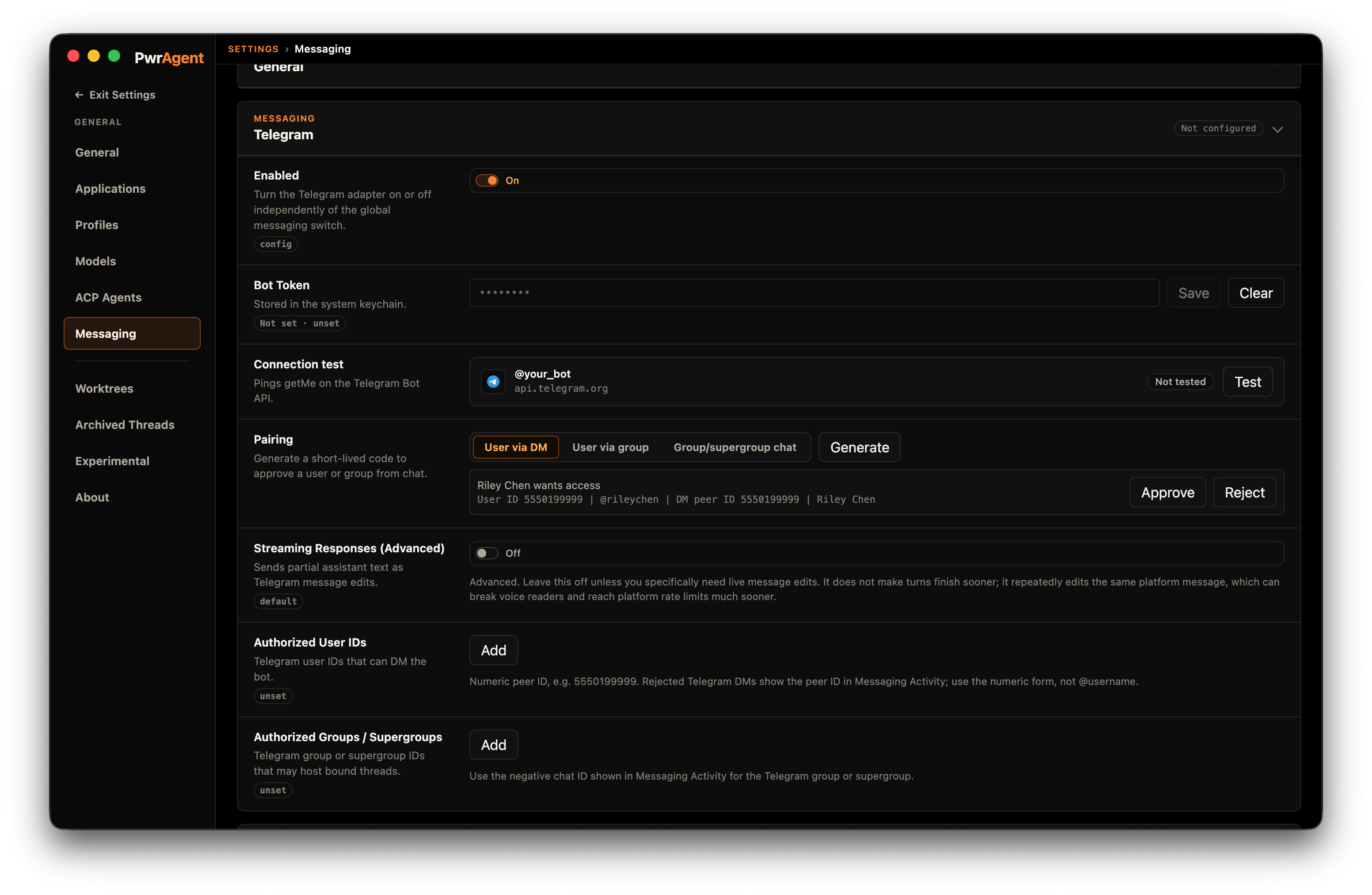 Pairing — observed, approval prompt visible with the resolved actor