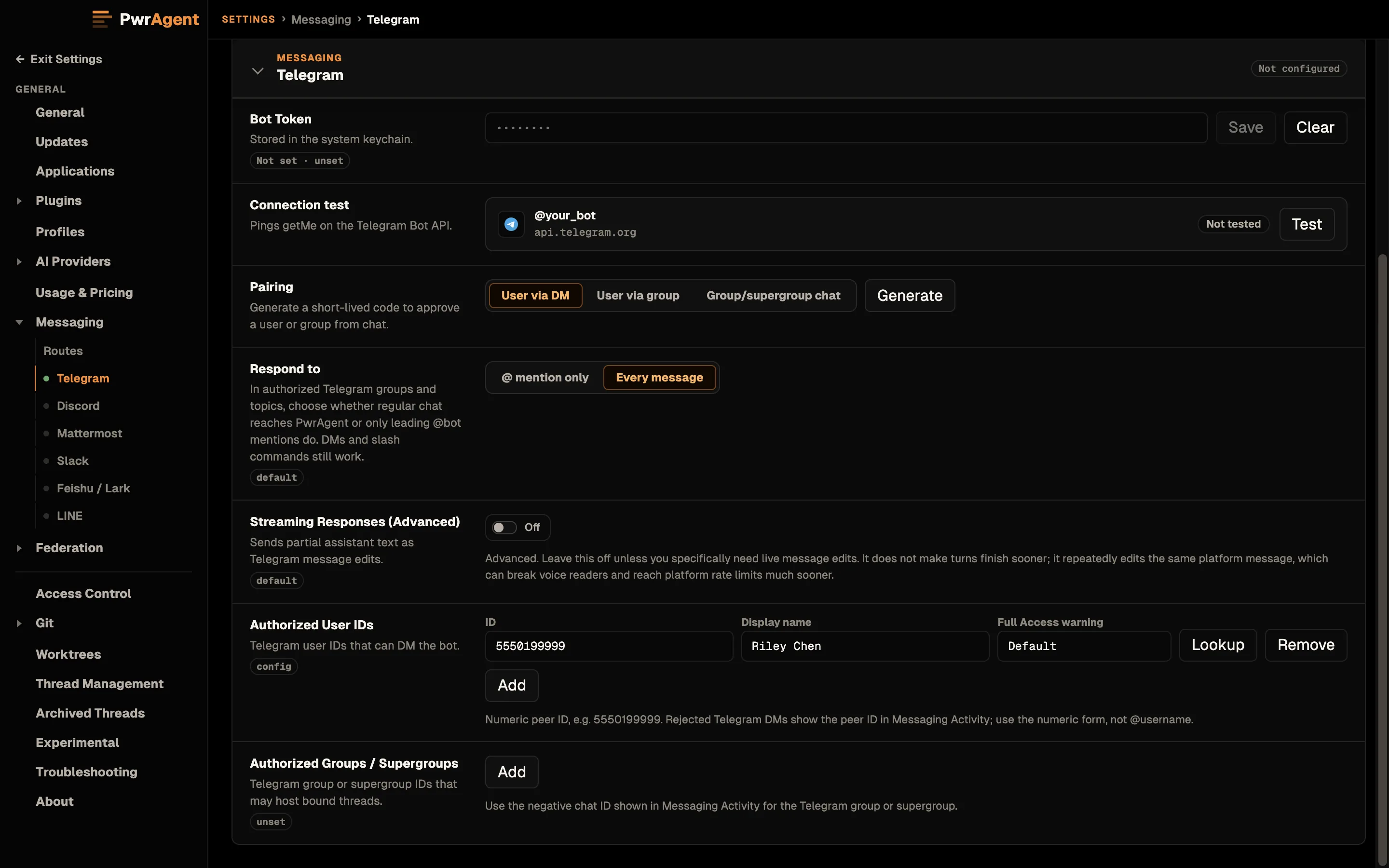 Settings, Messaging, Telegram after approval. The Pairing prompt is gone, and Authorized User IDs lists one row: the numeric ID 5550199999 with the display name Riley Chen, Full Access warning Default, and Lookup and Remove buttons.