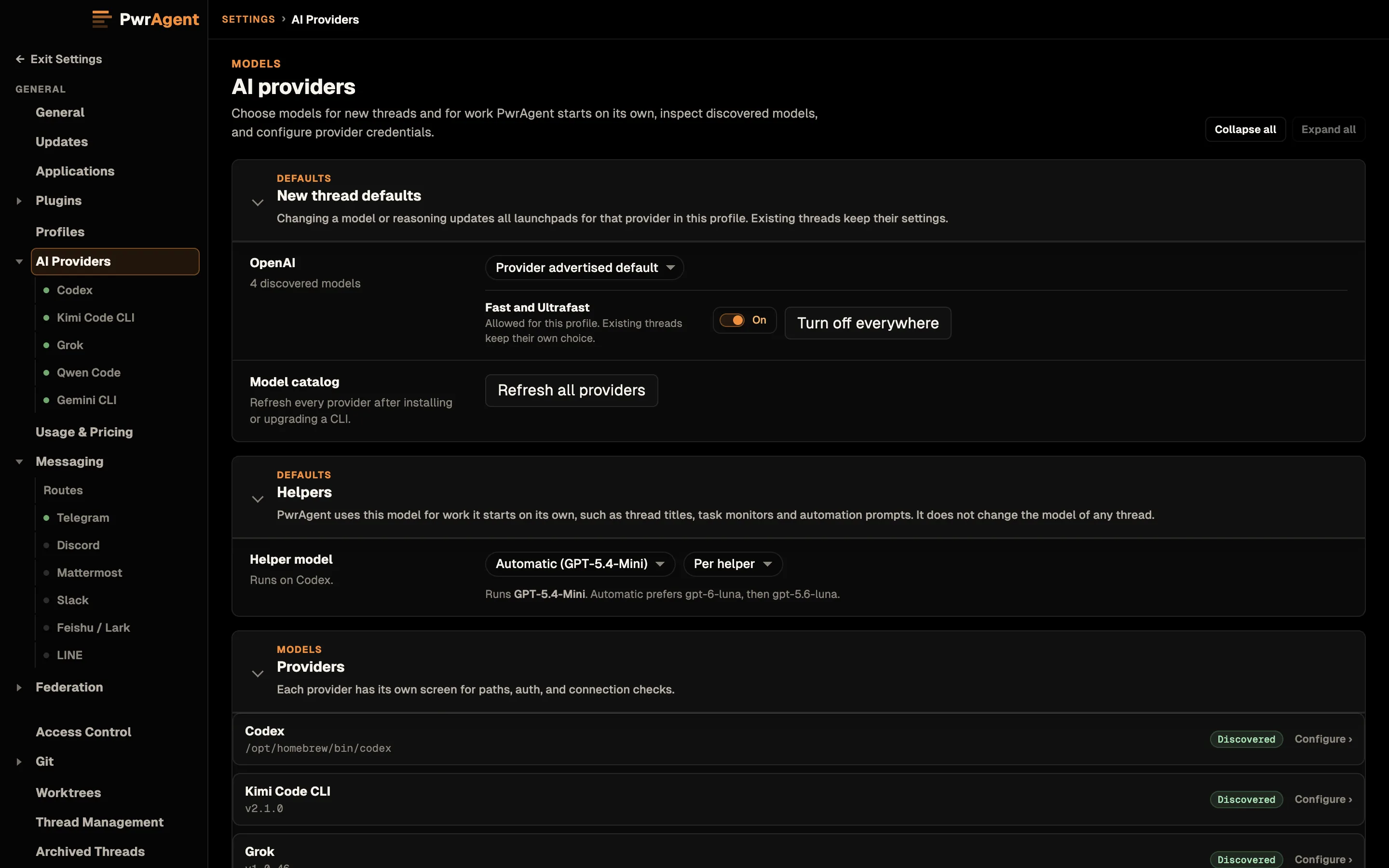 Settings, AI Providers. New thread defaults sets the OpenAI model to the provider-advertised default, with Fast and Ultrafast allowed, and a Refresh all providers button. Helpers sets the helper model to Automatic, running GPT-5.4-Mini. Providers lists Codex, Kimi Code CLI and Grok, each marked Discovered with a Configure link.