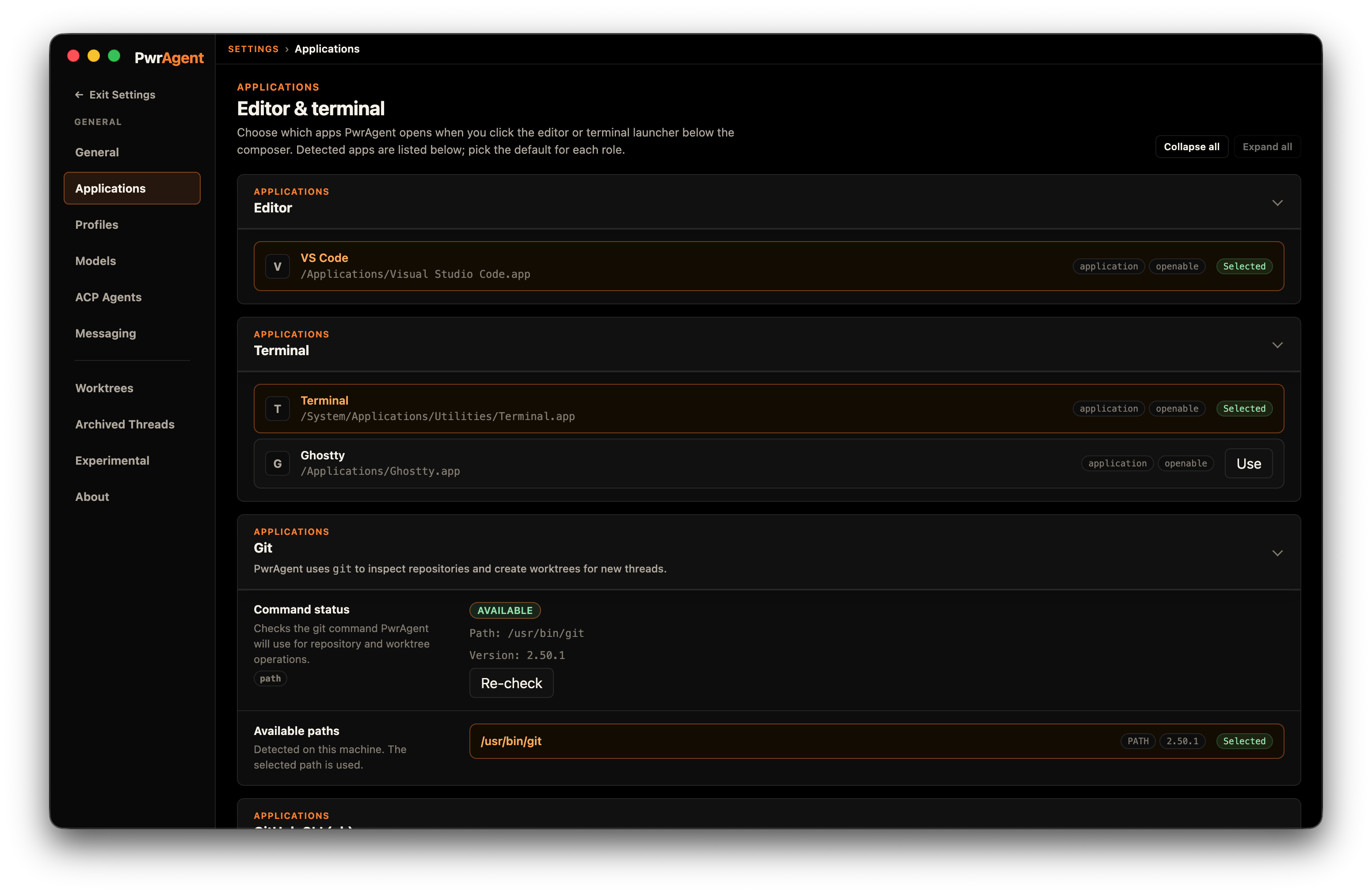 Settings → Applications panel showing discovered terminal, editor, git, and gh CLI paths