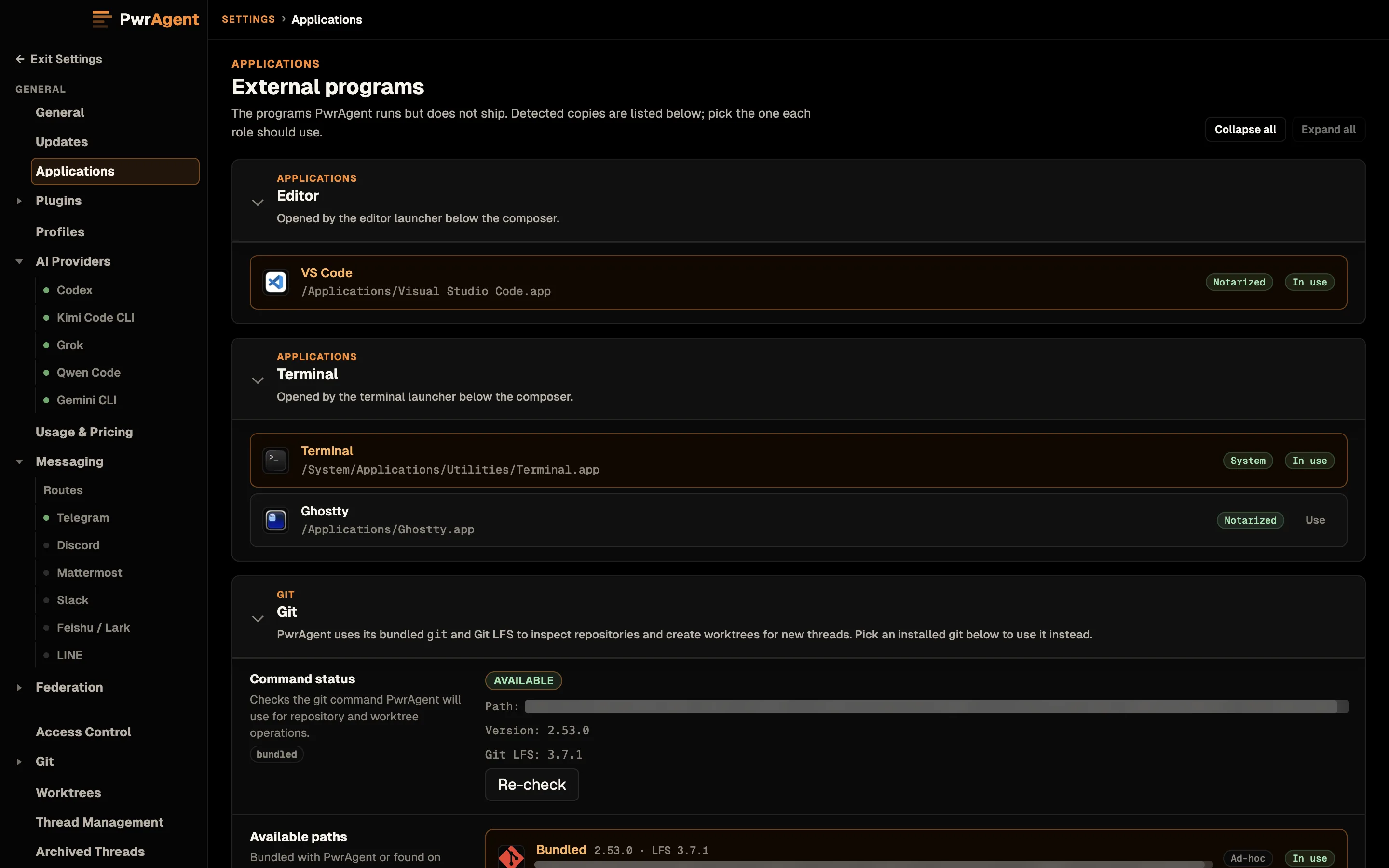 Settings, Applications, titled External programs. The Editor section lists VS Code, notarized and in use. The Terminal section lists Terminal, in use, and Ghostty with a Use button. A Git section follows, showing the bundled git as available, version 2.53.0 with Git LFS 3.7.1, and its path blurred.