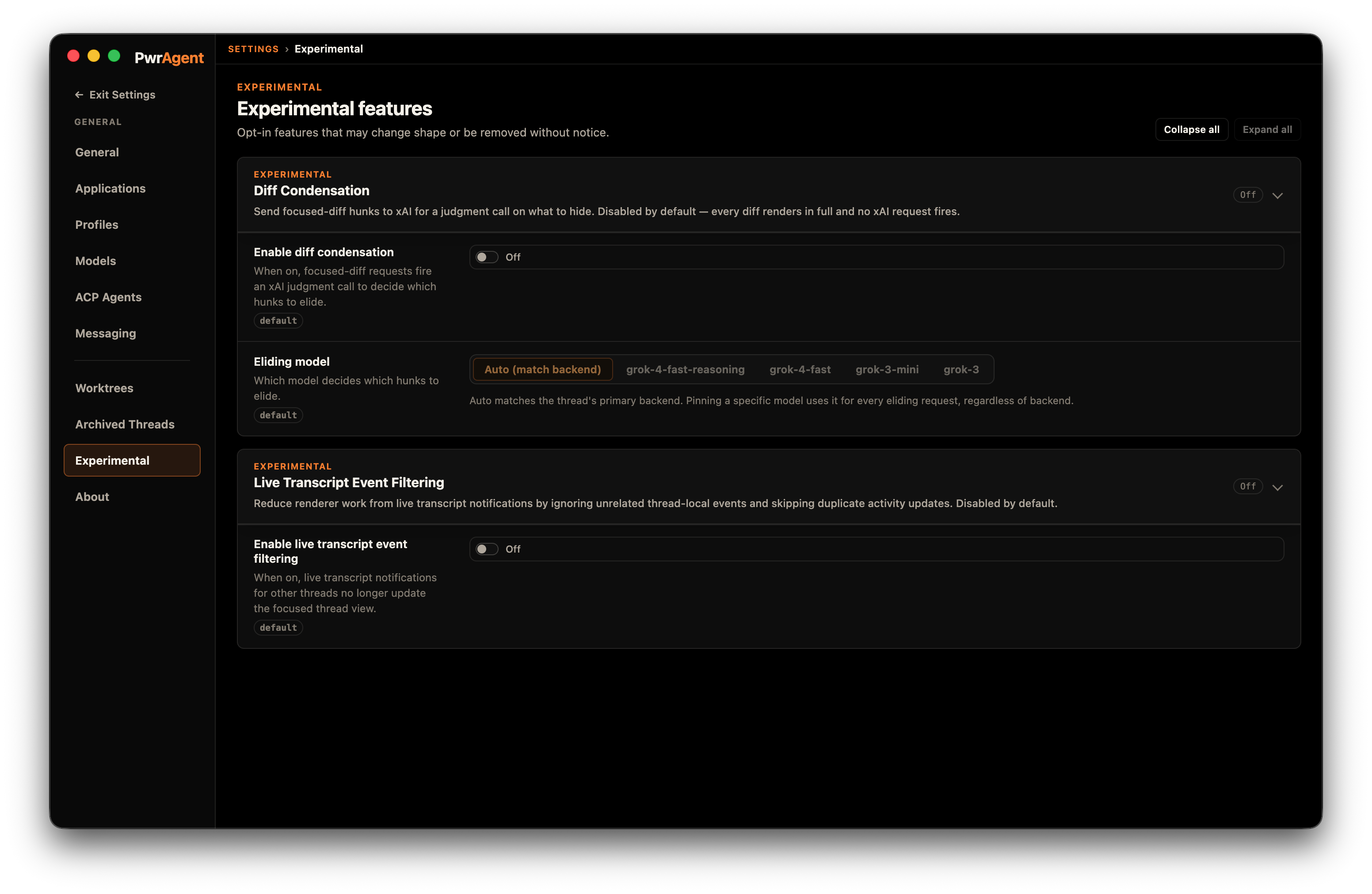 Settings → Experimental panel showing the diff condensation toggle
