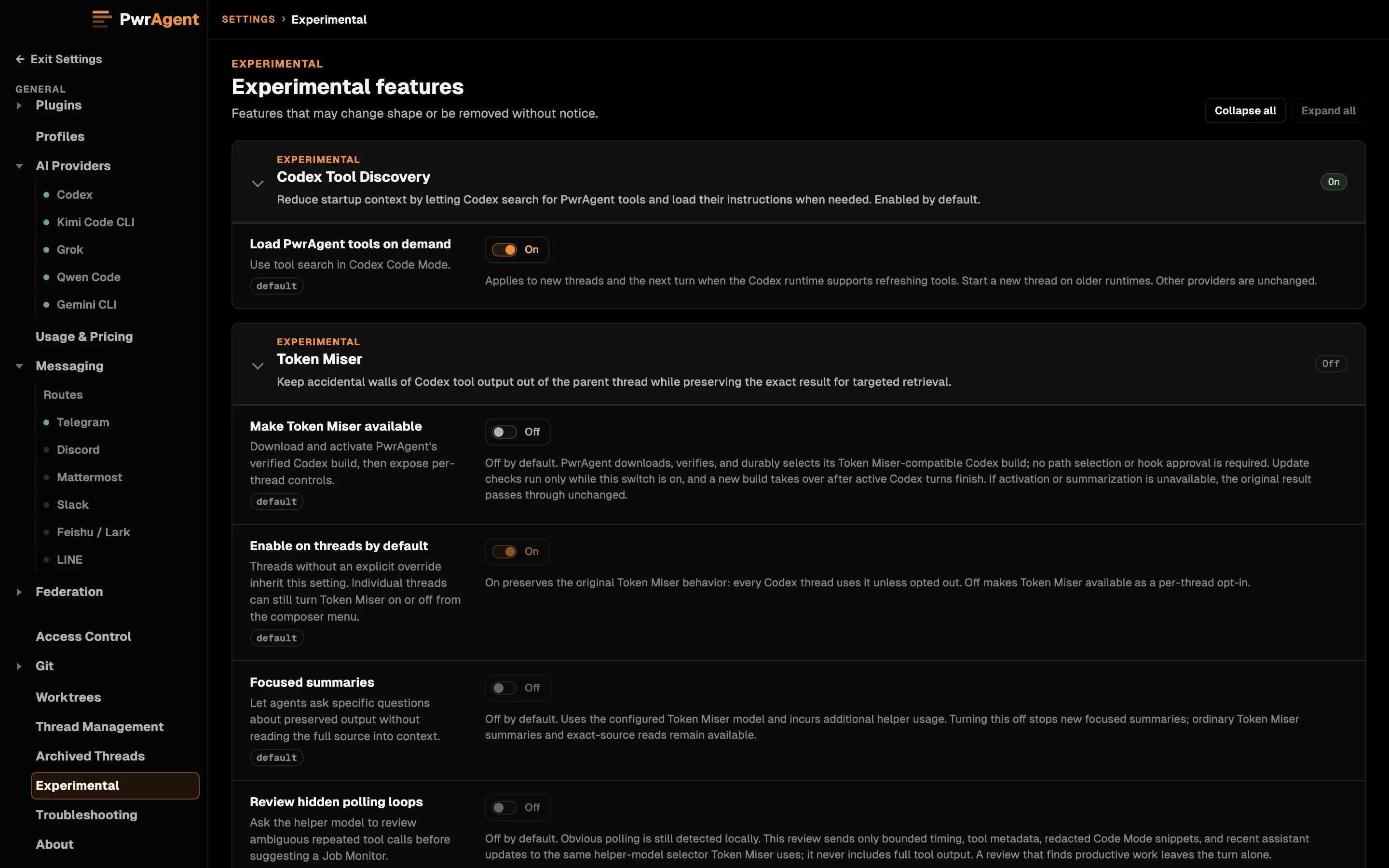 Settings, Experimental. Codex Tool Discovery is on, with Load PwrAgent tools on demand switched on. Token Miser is off: Make Token Miser available is off, Enable on threads by default is on, and Focused summaries and Review hidden polling loops are off.
