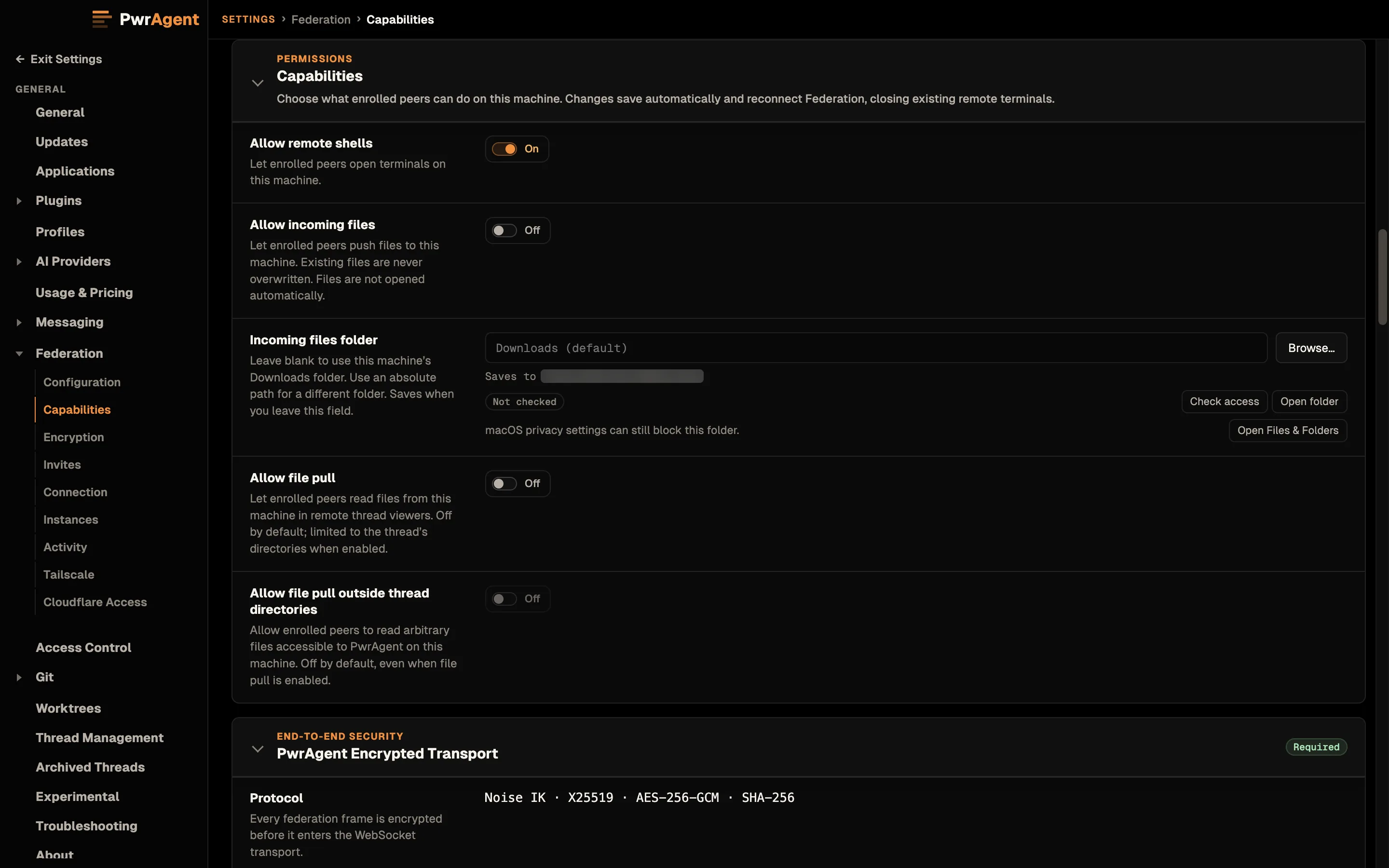 Settings, Federation, Capabilities. Allow remote shells is on. Allow incoming files is off, with an Incoming files folder that defaults to Downloads and Check access and Open folder buttons. Allow file pull and Allow file pull outside thread directories are off. Below, PwrAgent Encrypted Transport lists its protocol: Noise IK, X25519, AES-256-GCM, SHA-256.