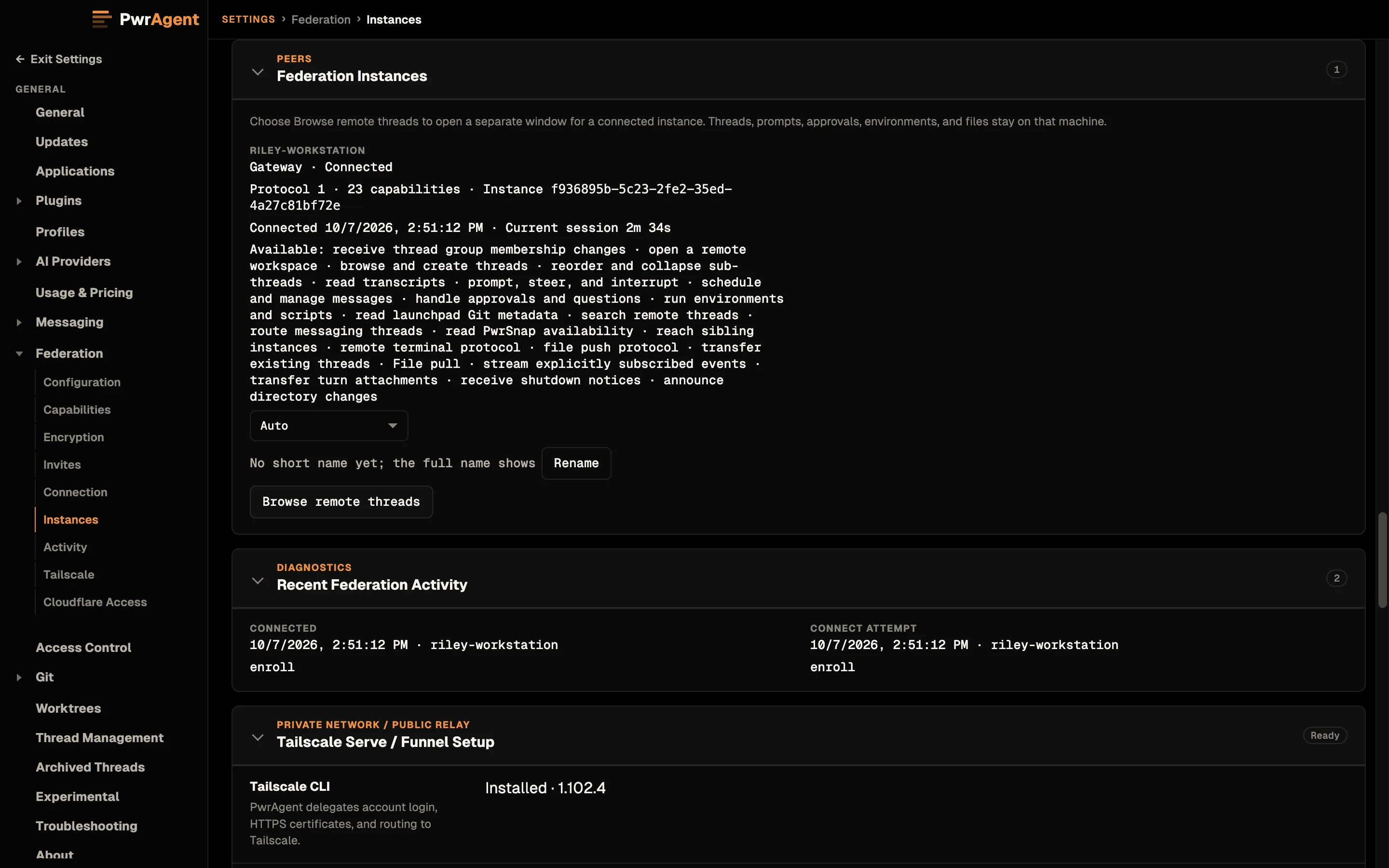Settings, Federation, Instances. One peer, riley-workstation, is listed as the gateway and connected, with its protocol, capability count and instance ID, the time it connected, and the capabilities it offers, from receiving thread group changes to announcing directory changes. Controls follow for its icon, a short name, and Browse remote threads.