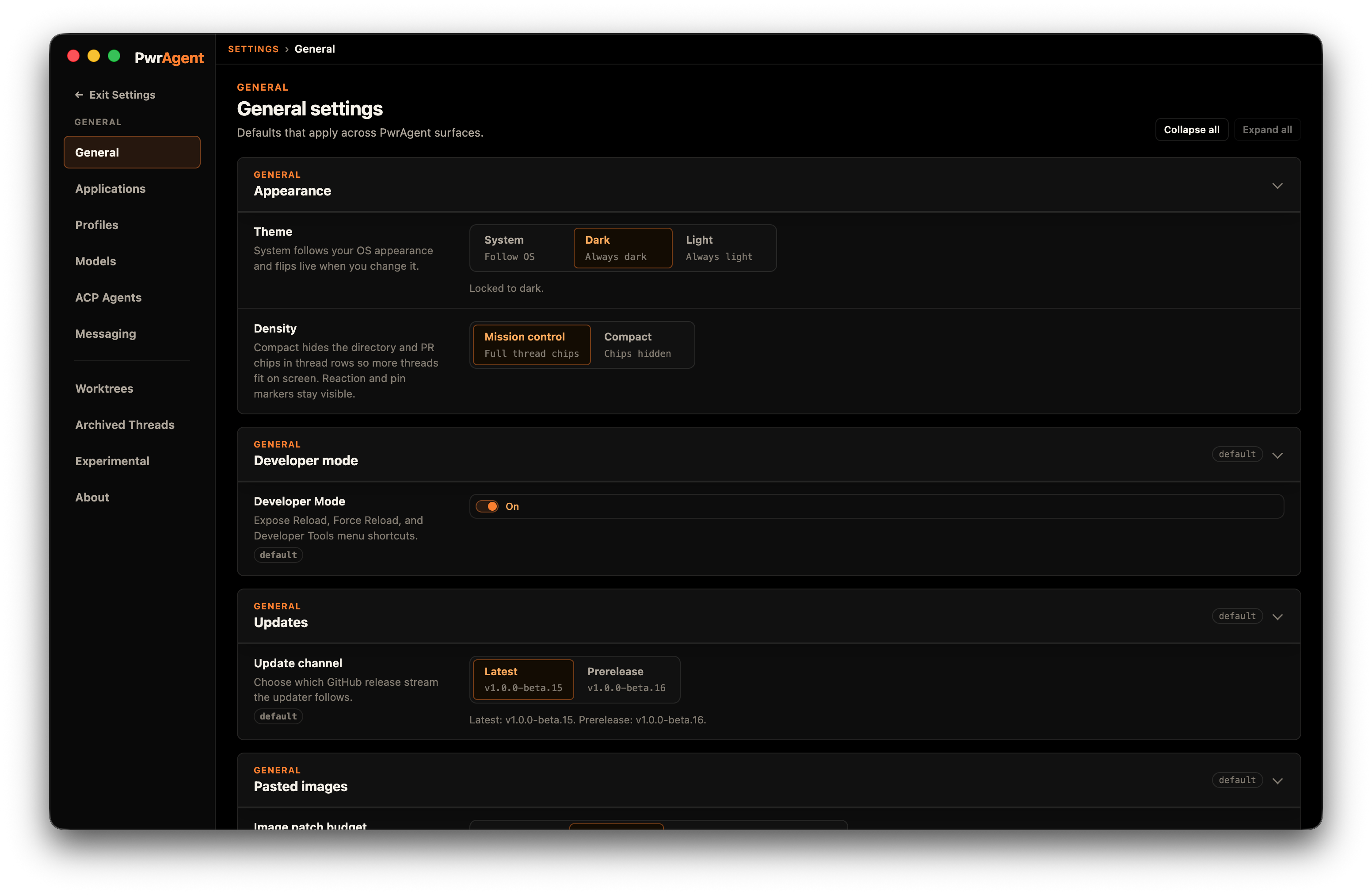 Settings → General panel showing the pasted image patch budget options