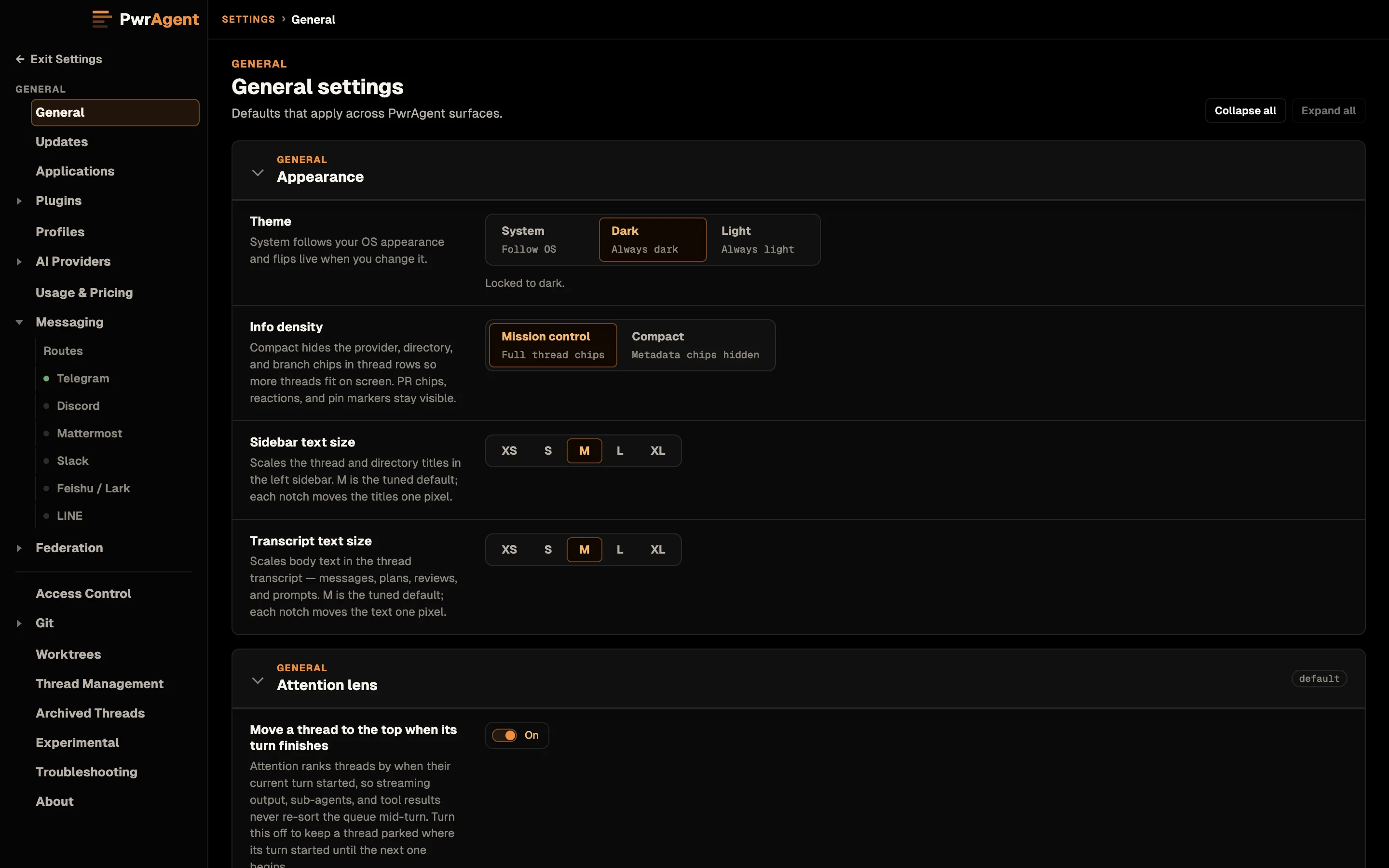 Settings, General. The Appearance section sets Theme (System, Dark or Light, here Dark), Info density (Mission control or Compact), and Sidebar and Transcript text size on an XS to XL scale, both at M. Below it, the Attention lens section has Move a thread to the top when its turn finishes switched on.