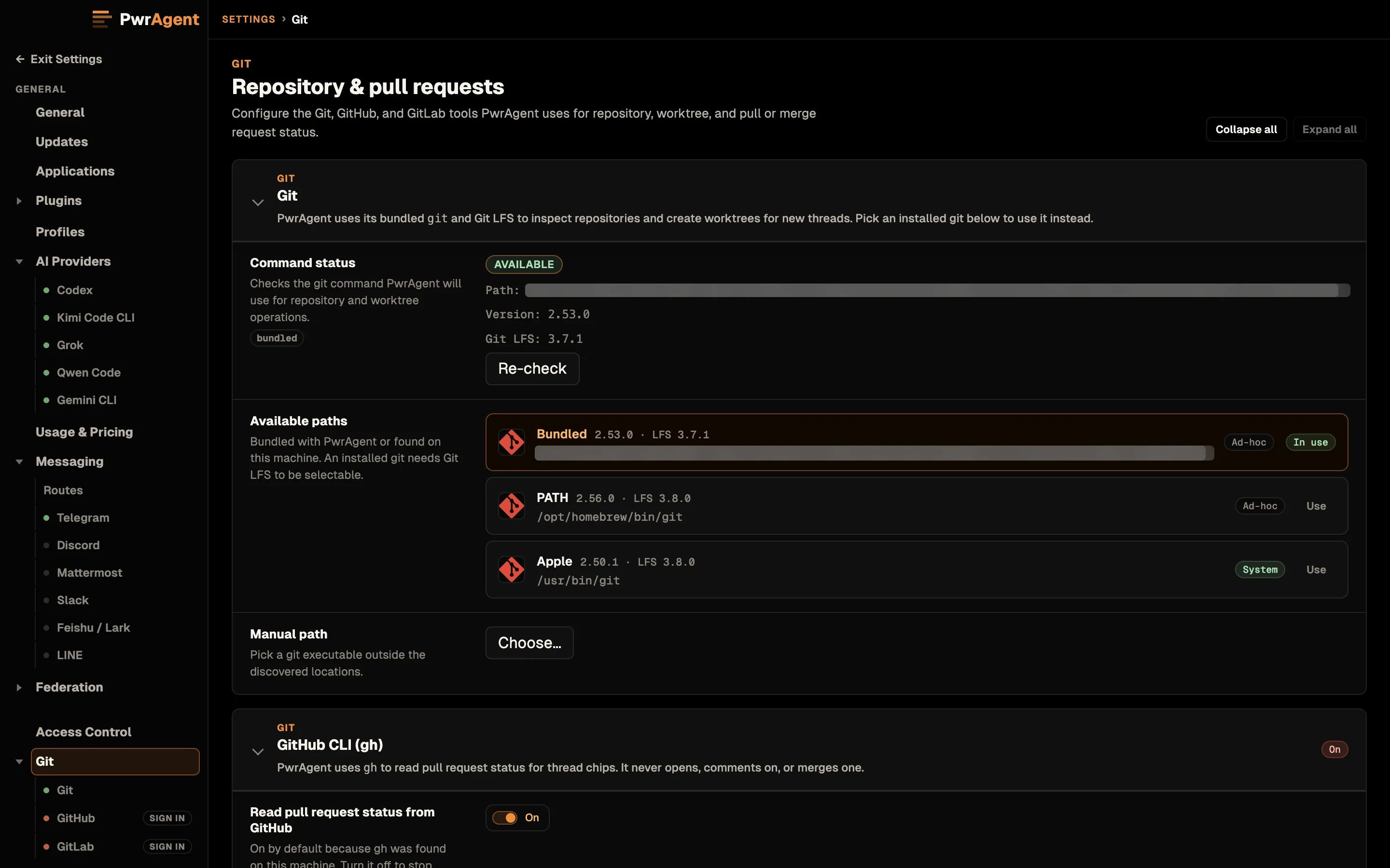 Settings, Git, titled Repository and pull requests. The Git section shows the bundled git as available, version 2.53.0 with Git LFS 3.7.1, and lists the copies it found: Bundled, in use; the Homebrew git on PATH; and Apple's /usr/bin/git, each with a Use button, plus Choose for a manual path. Below, GitHub CLI is on with Read pull request status from GitHub switched on.