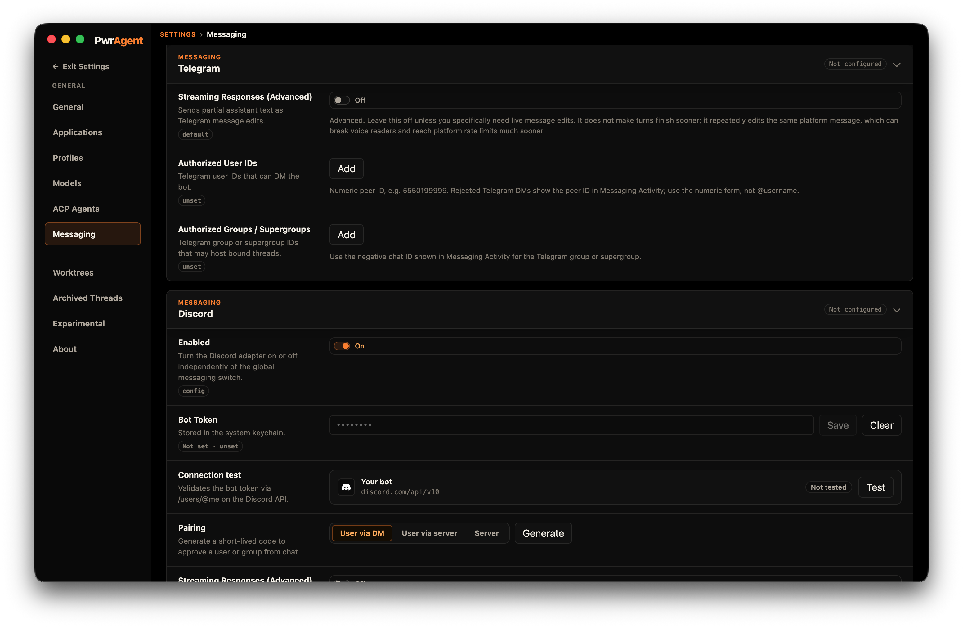 Settings → Messaging → Discord panel