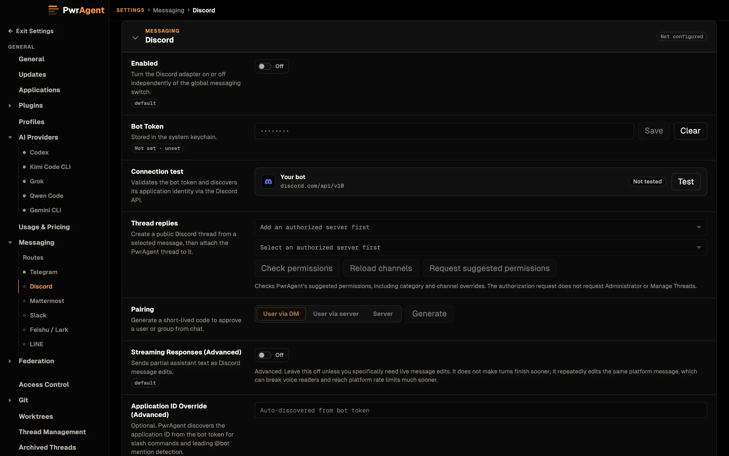 Settings, Messaging, Discord, not yet configured. Enabled is off. Bot Token is stored in the system keychain and not yet set. Connection test shows Your bot as not tested. Thread replies asks for an authorized server first, with Check permissions, Reload channels and Request suggested permissions. Pairing offers User via DM, User via server and Server, and Streaming Responses is off.