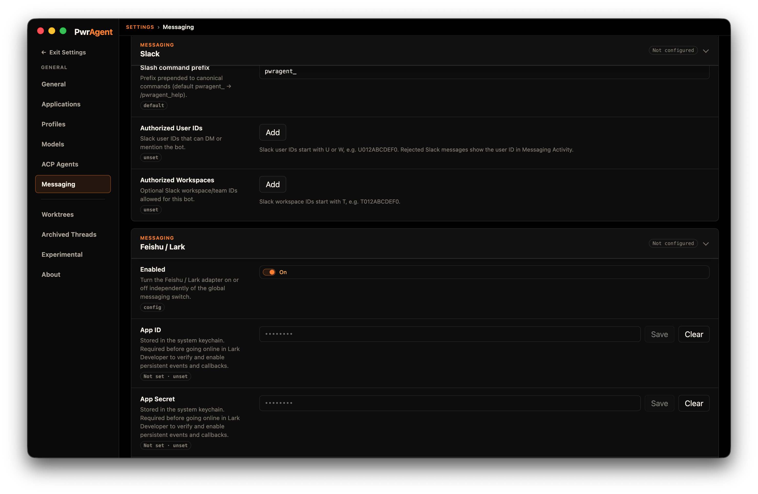 Settings → Messaging → Feishu / Lark panel