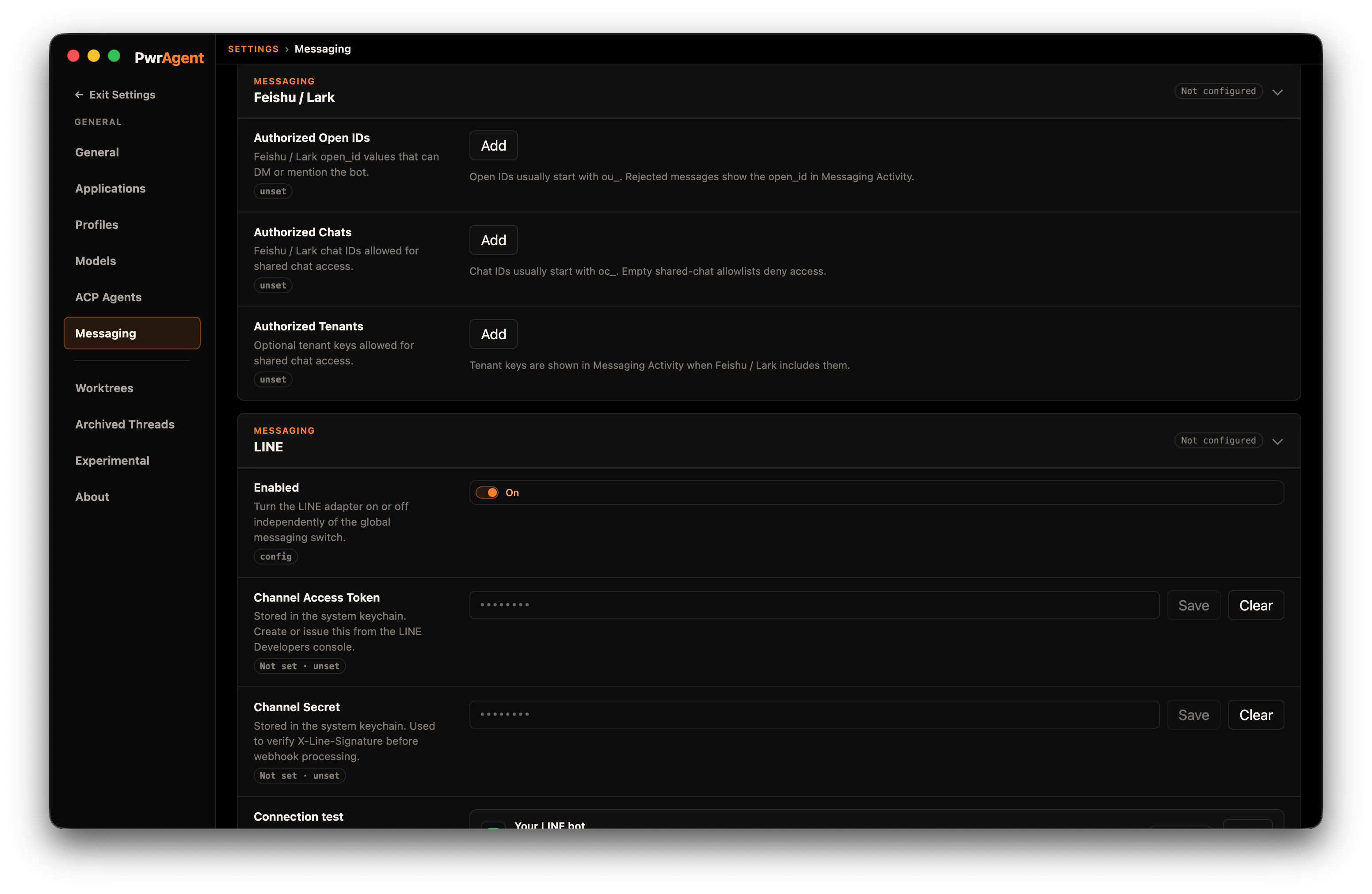 Settings → Messaging → LINE panel