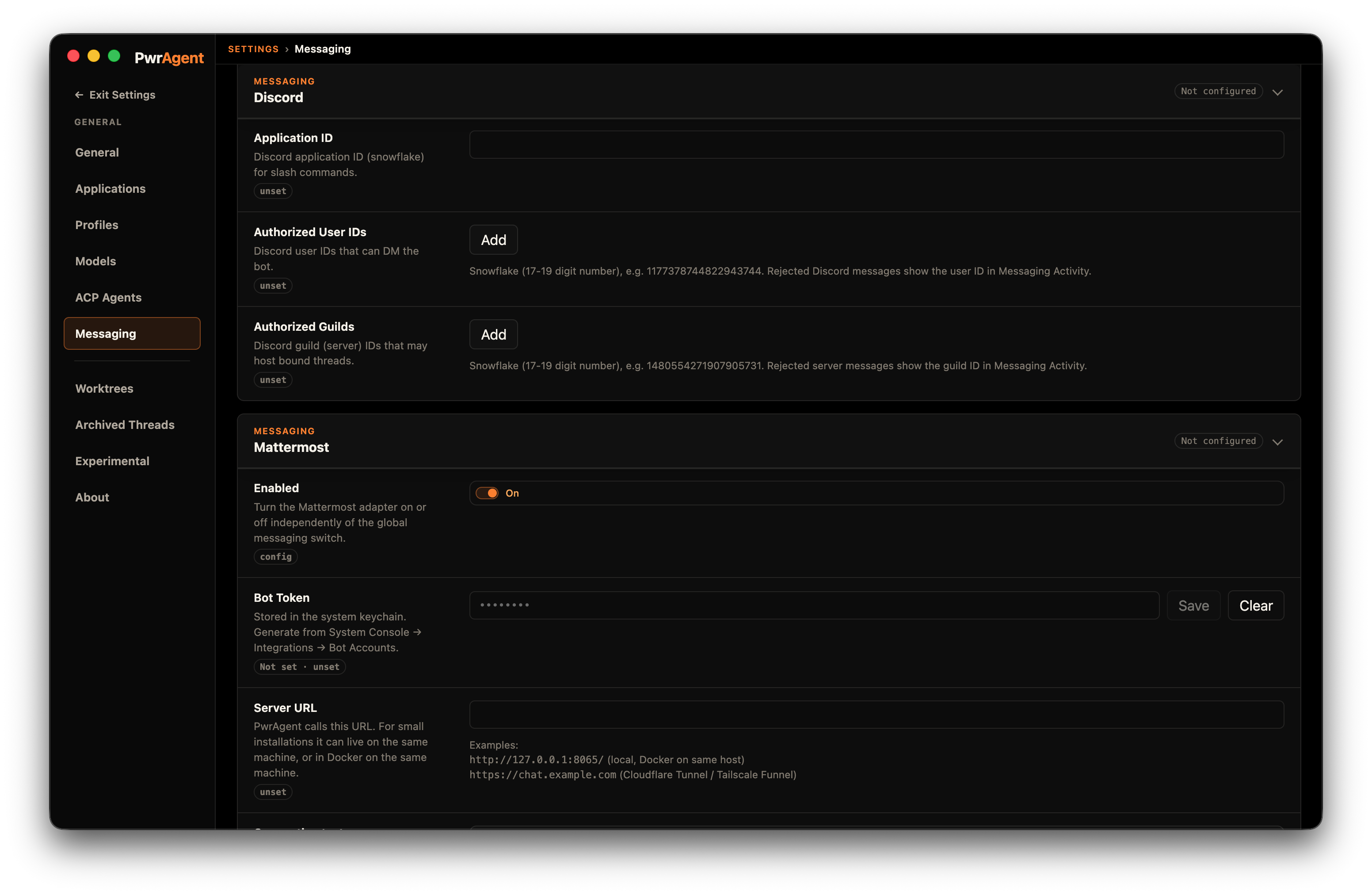 Settings → Messaging → Mattermost panel