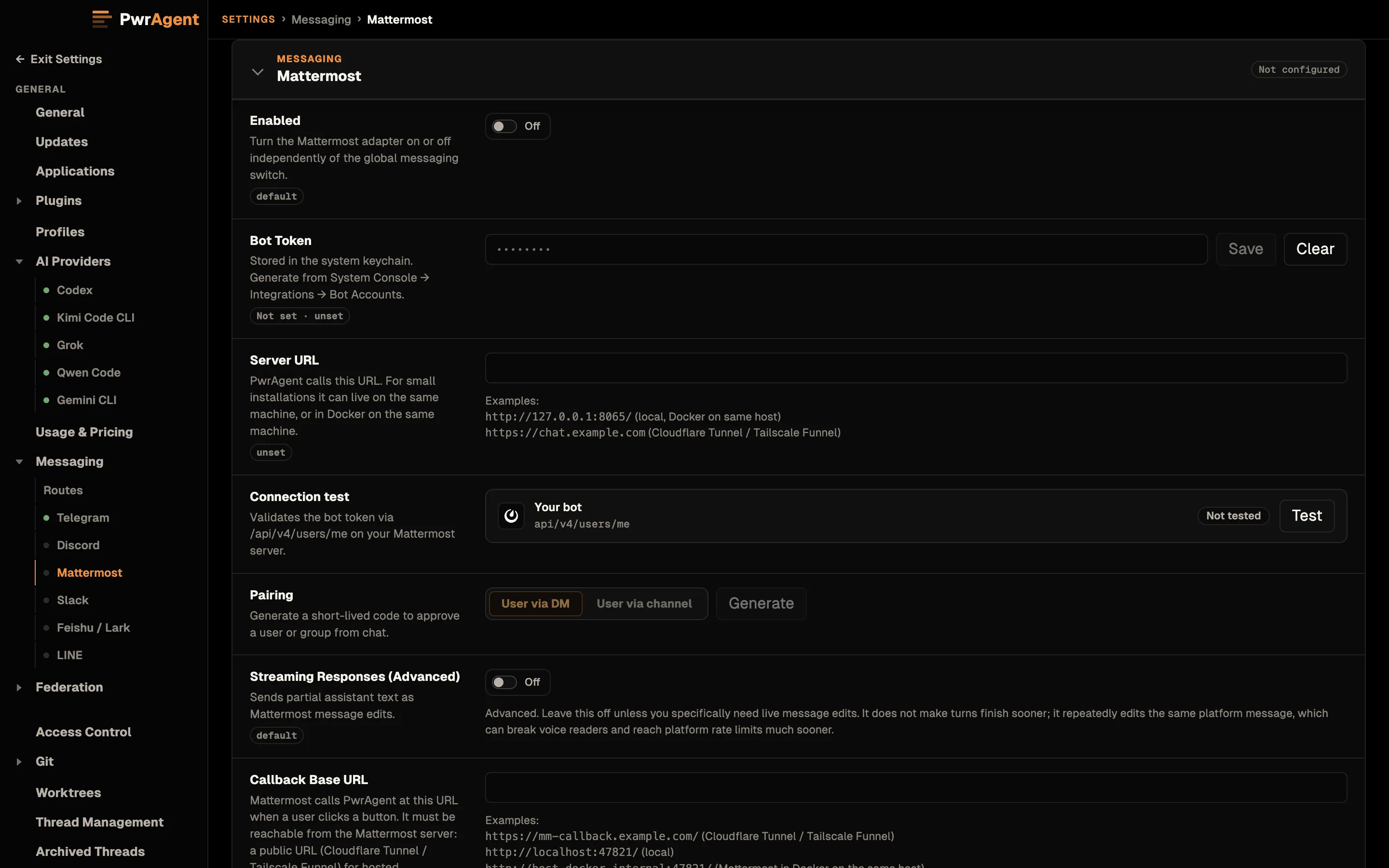 Settings, Messaging, Mattermost, not yet configured. Enabled is off. Bot Token is stored in the system keychain and not yet set. Server URL is empty, with local and Cloudflare Tunnel or Tailscale Funnel examples. Connection test shows Your bot as not tested, Pairing offers User via DM and User via channel, and Callback Base URL is empty with examples.