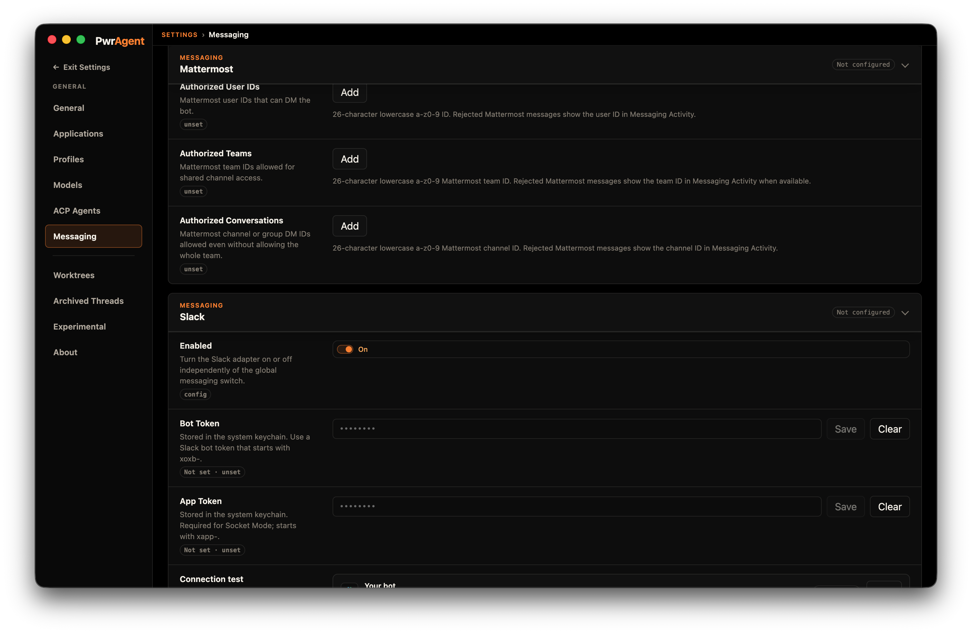 Settings → Messaging → Slack panel