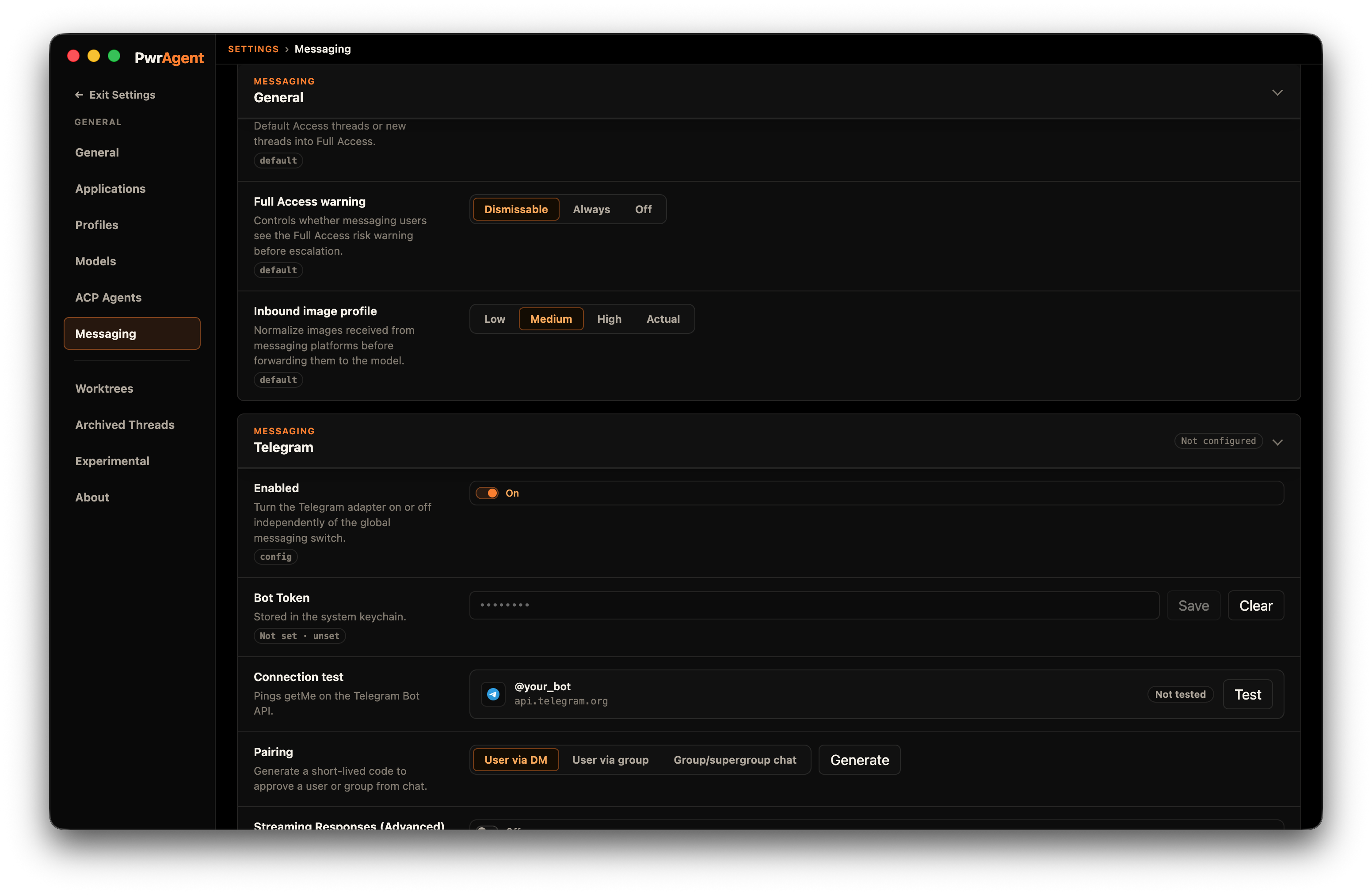 Settings → Messaging → Telegram panel