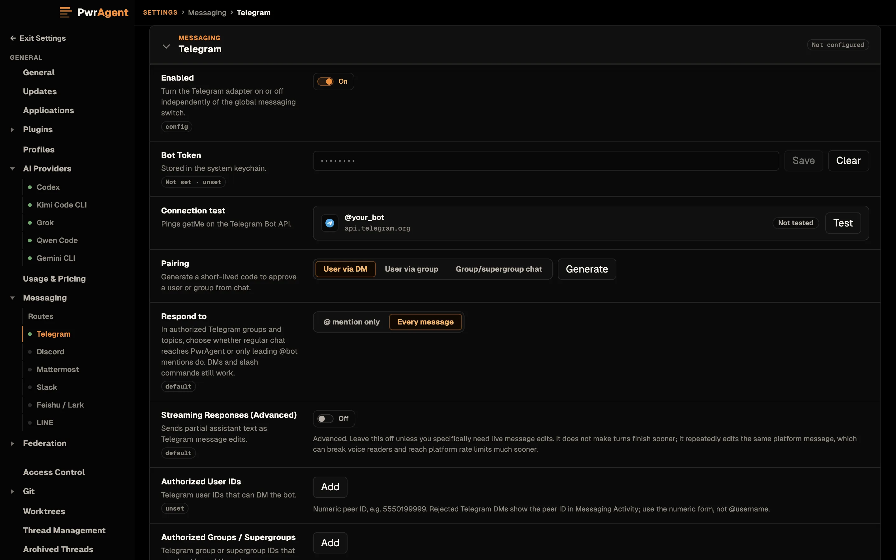 Settings, Messaging, Telegram. Enabled is on. Bot Token is stored in the system keychain and not yet set. Connection test shows the bot as not tested, with a Test button. Pairing offers User via DM, User via group and Group or supergroup chat, with a Generate button, and Respond to is set to Every message.
