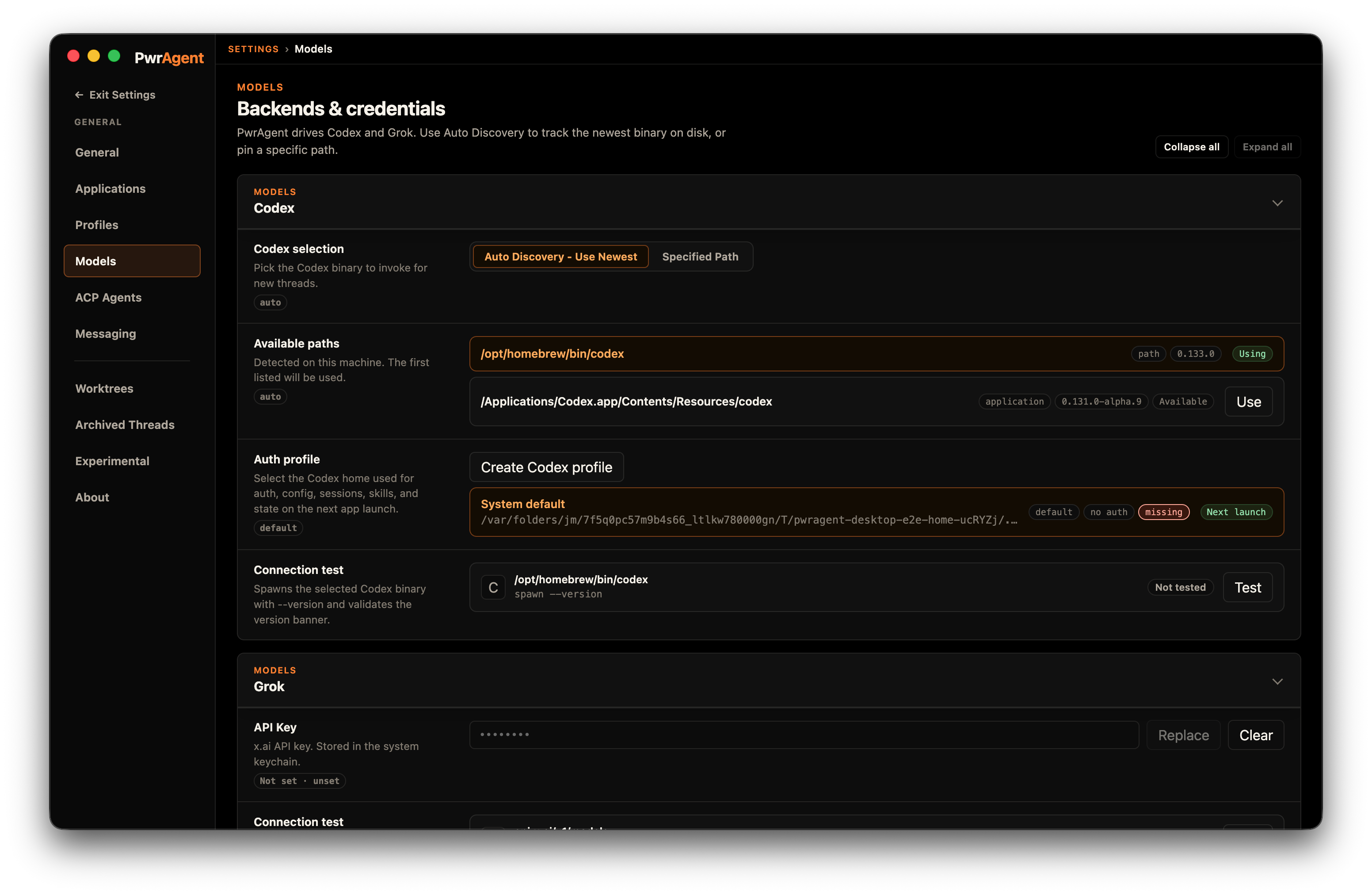 Settings → Models panel showing Codex App Server version, source, and model list