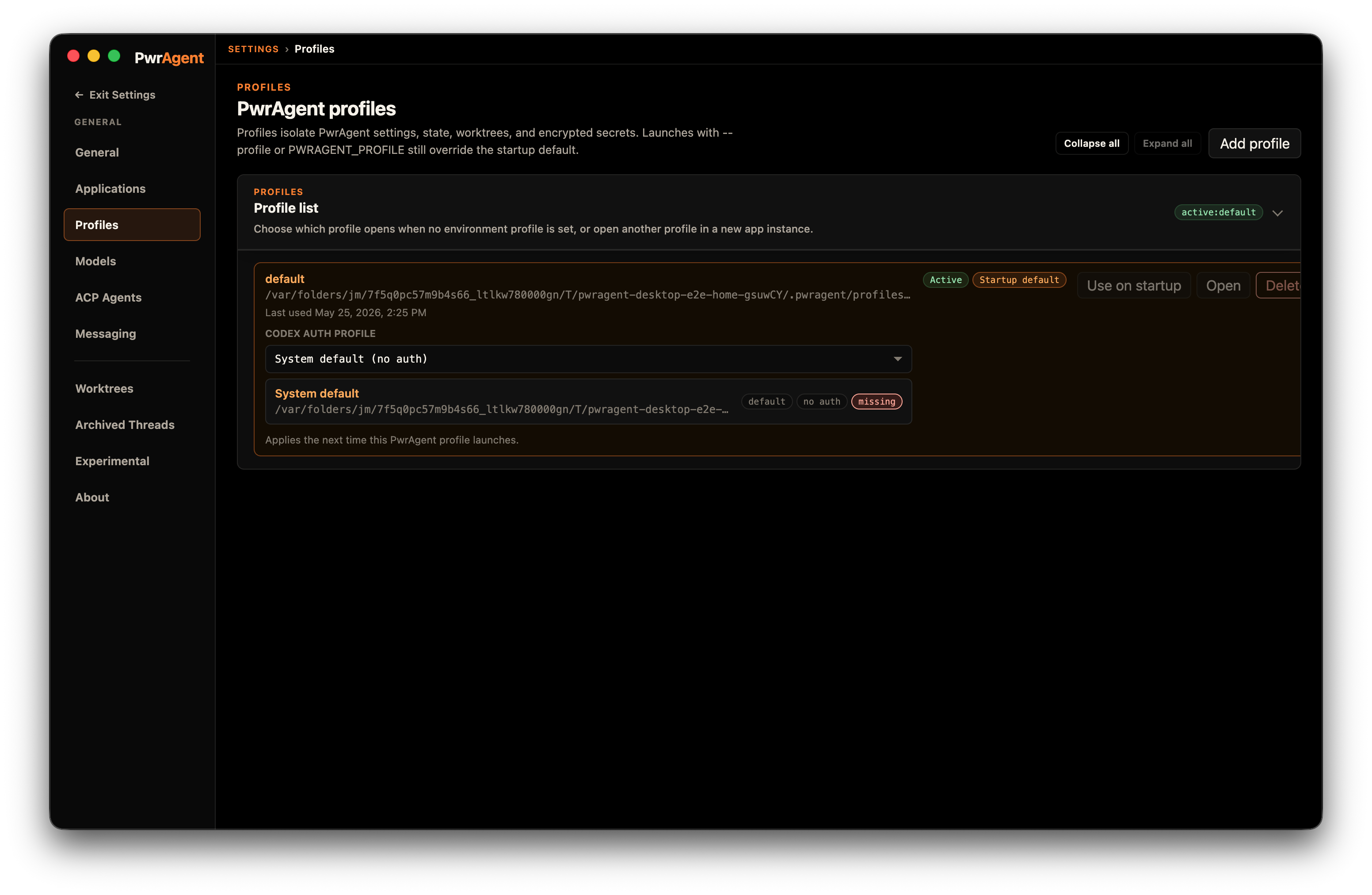 Settings → Profiles panel listing PwrAgent profiles with the active one highlighted