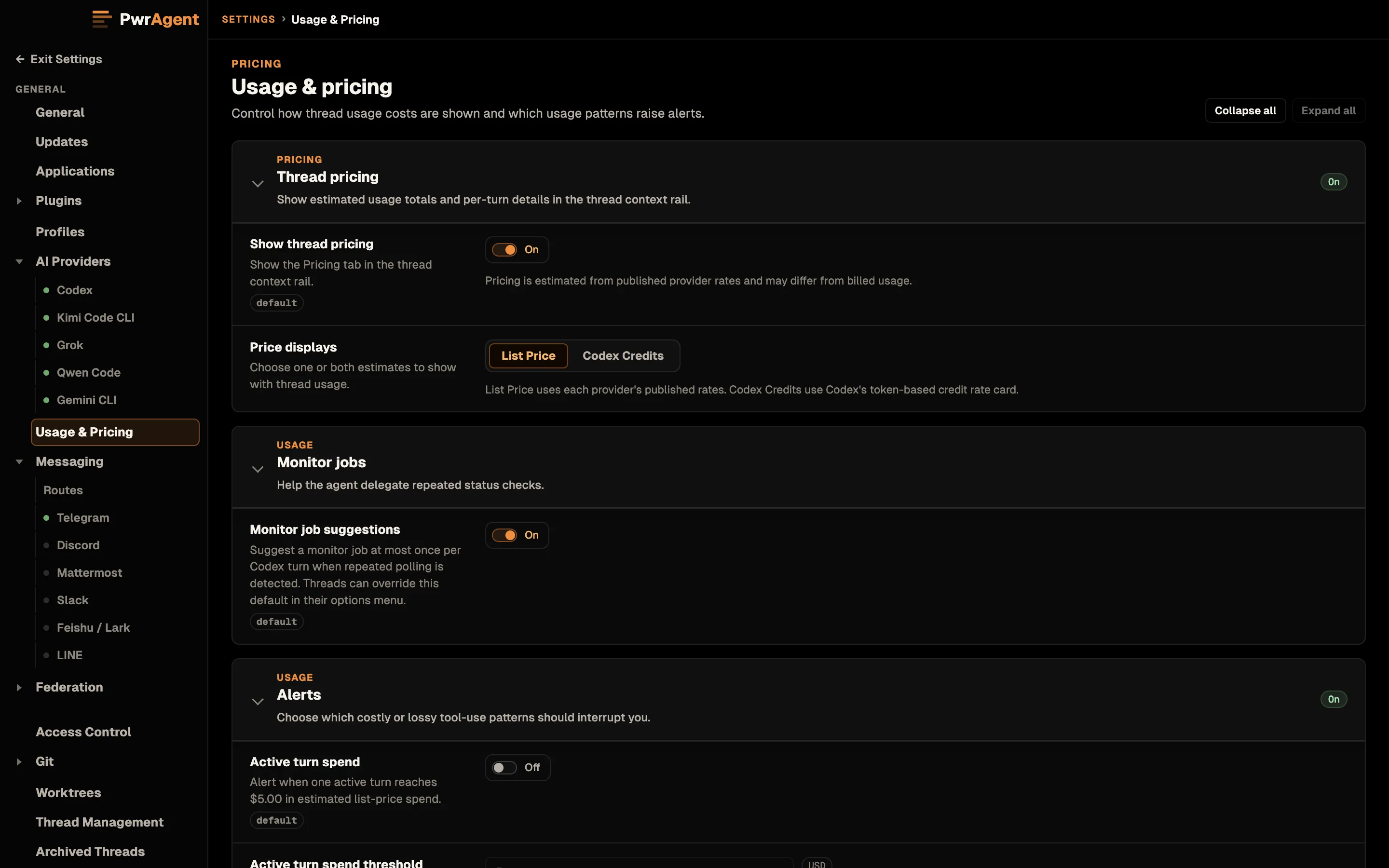 Settings, Usage and pricing. Thread pricing is on, with Show thread pricing on and Price displays set to List Price rather than Codex Credits. Monitor jobs has Monitor job suggestions on. Alerts is on, with Active turn spend off.