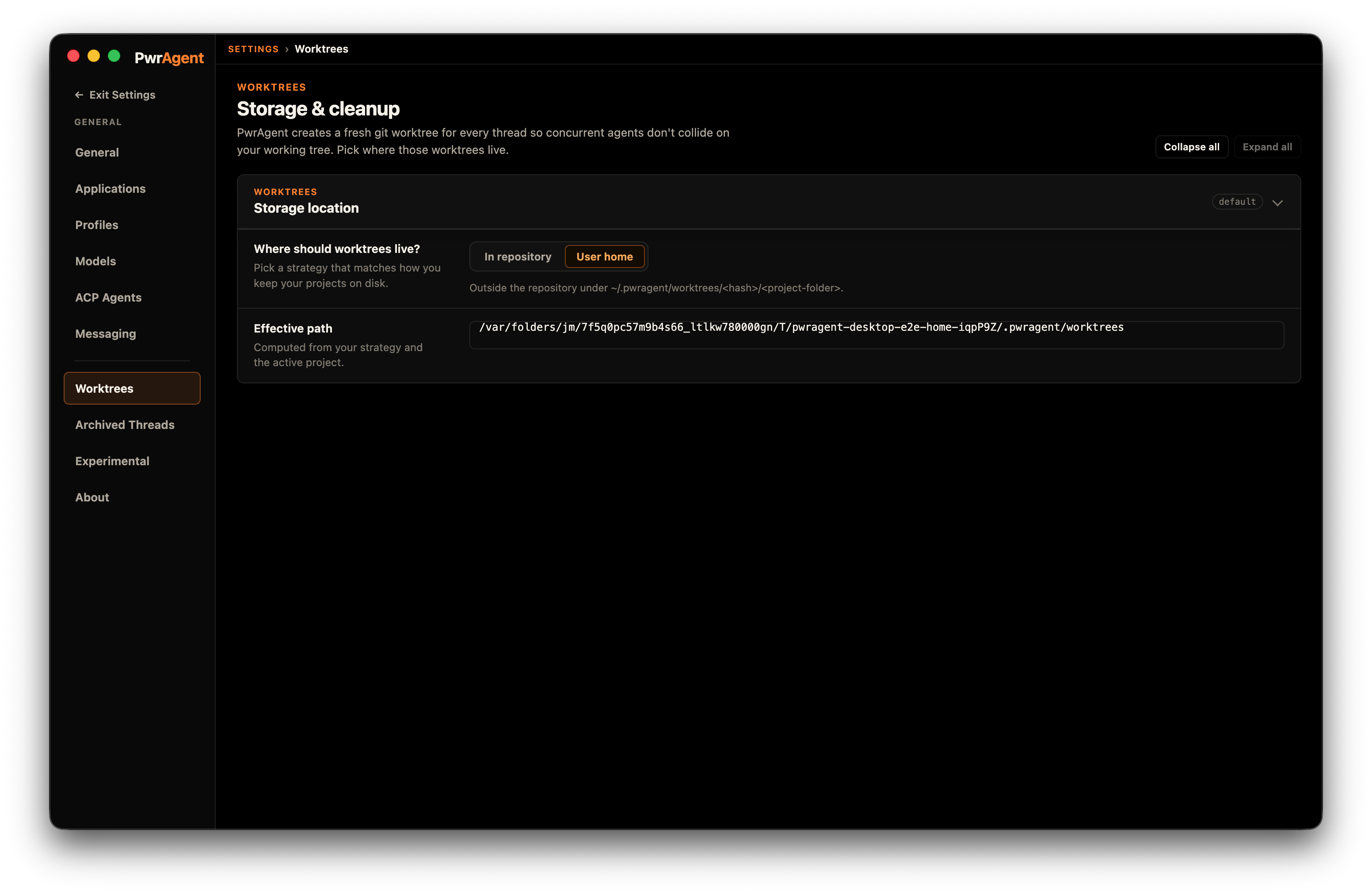 Settings → Worktrees panel showing the default storage location