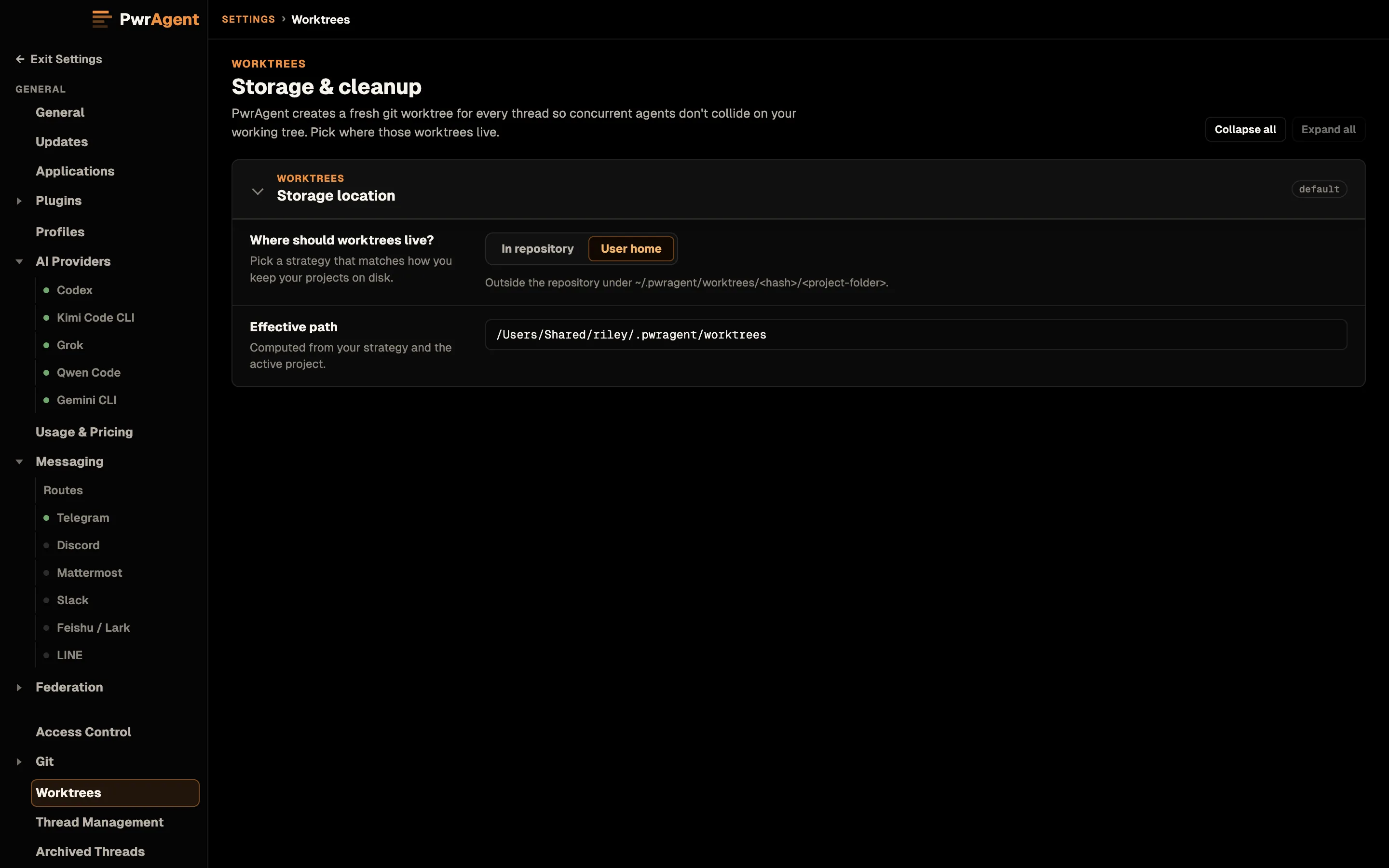 Settings, Worktrees, titled Storage and cleanup. Where should worktrees live offers In repository or User home, with User home selected and described as outside the repository under ~/.pwragent/worktrees. The Effective path row shows the resulting directory.